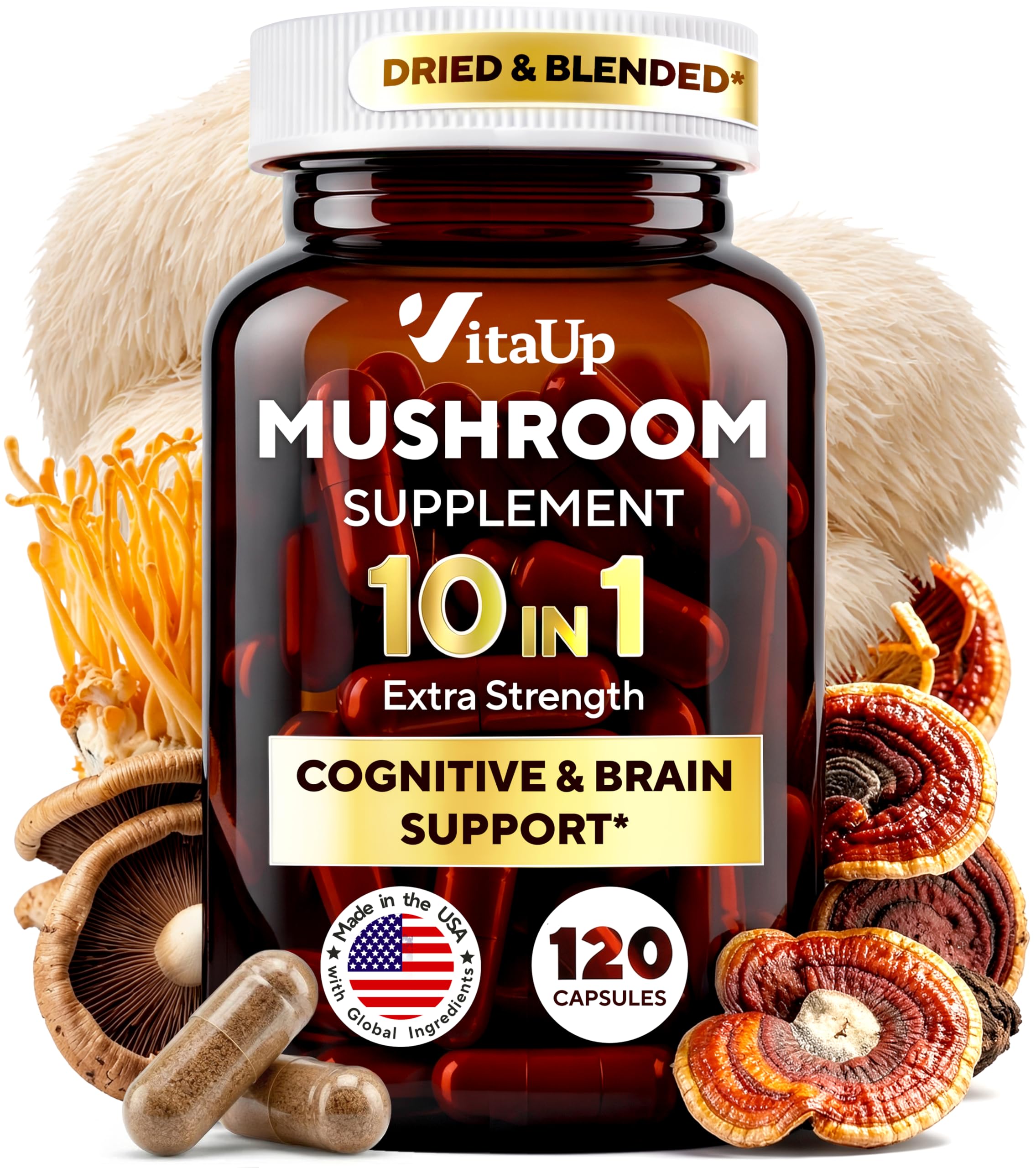 VitaUp Lion's Mane Mushroom Capsules front view with label