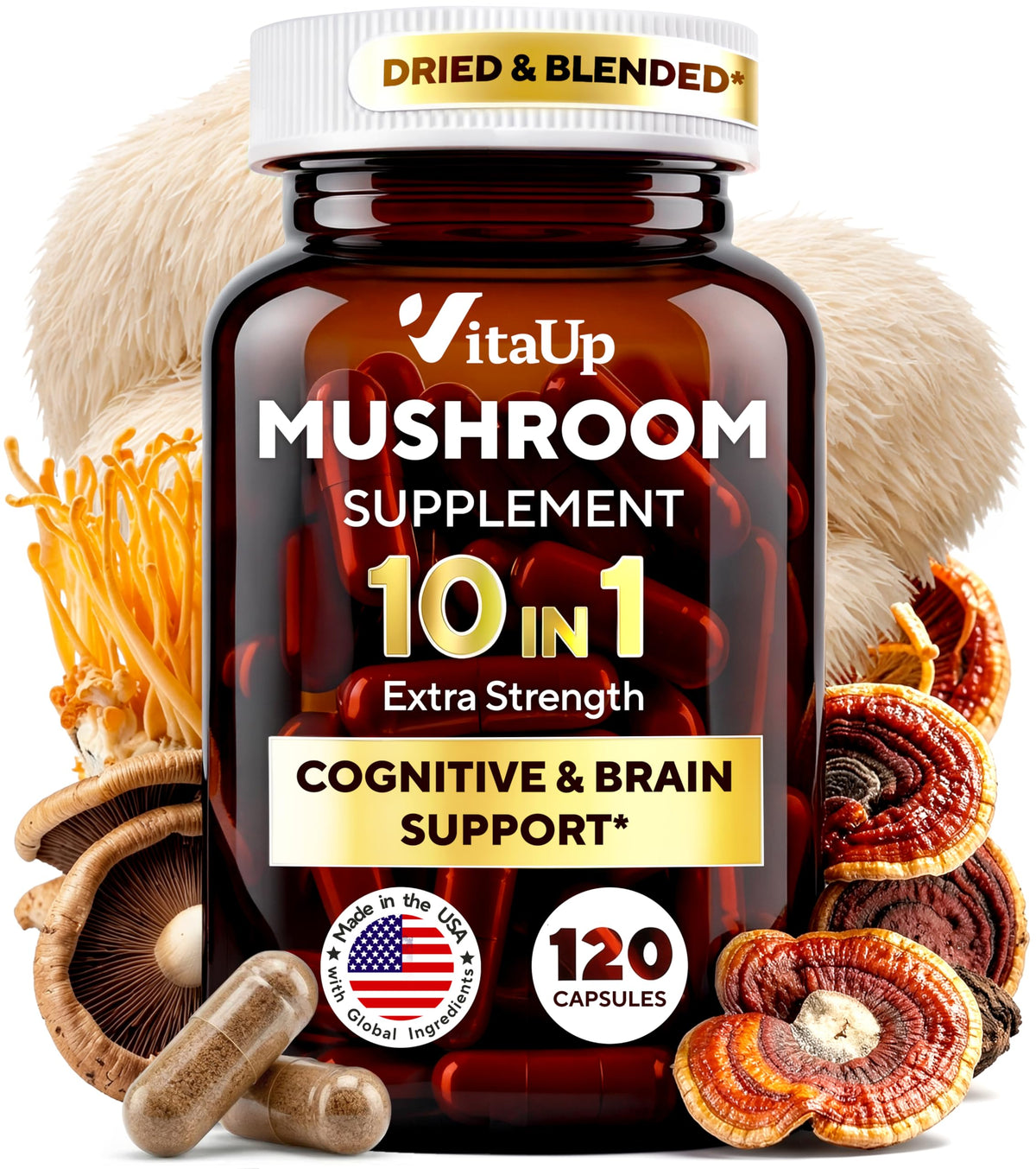 VitaUp Lion's Mane Mushroom Capsules front view with label
