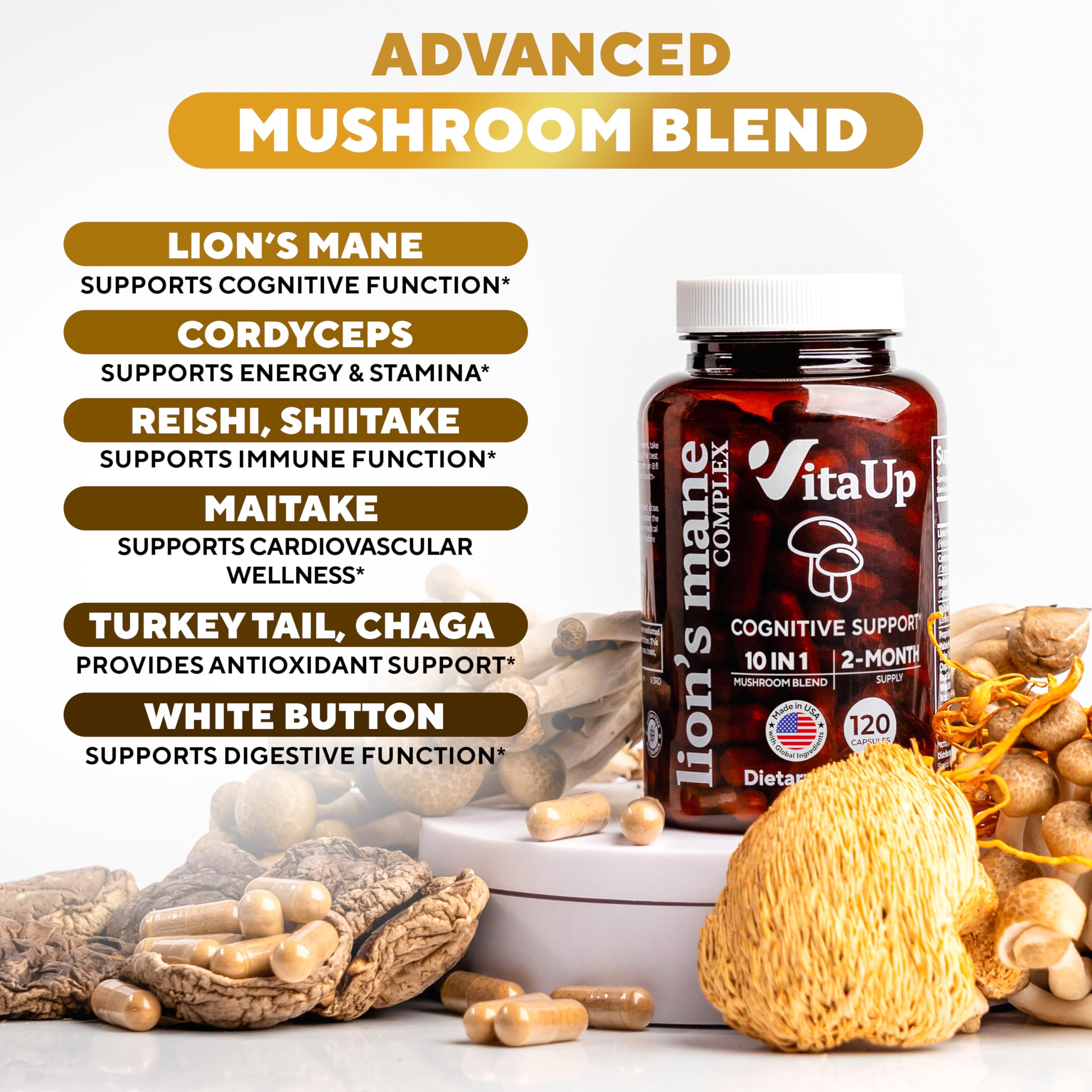 VitaUp Lion's Mane Mushroom Capsules side view showing capsule details