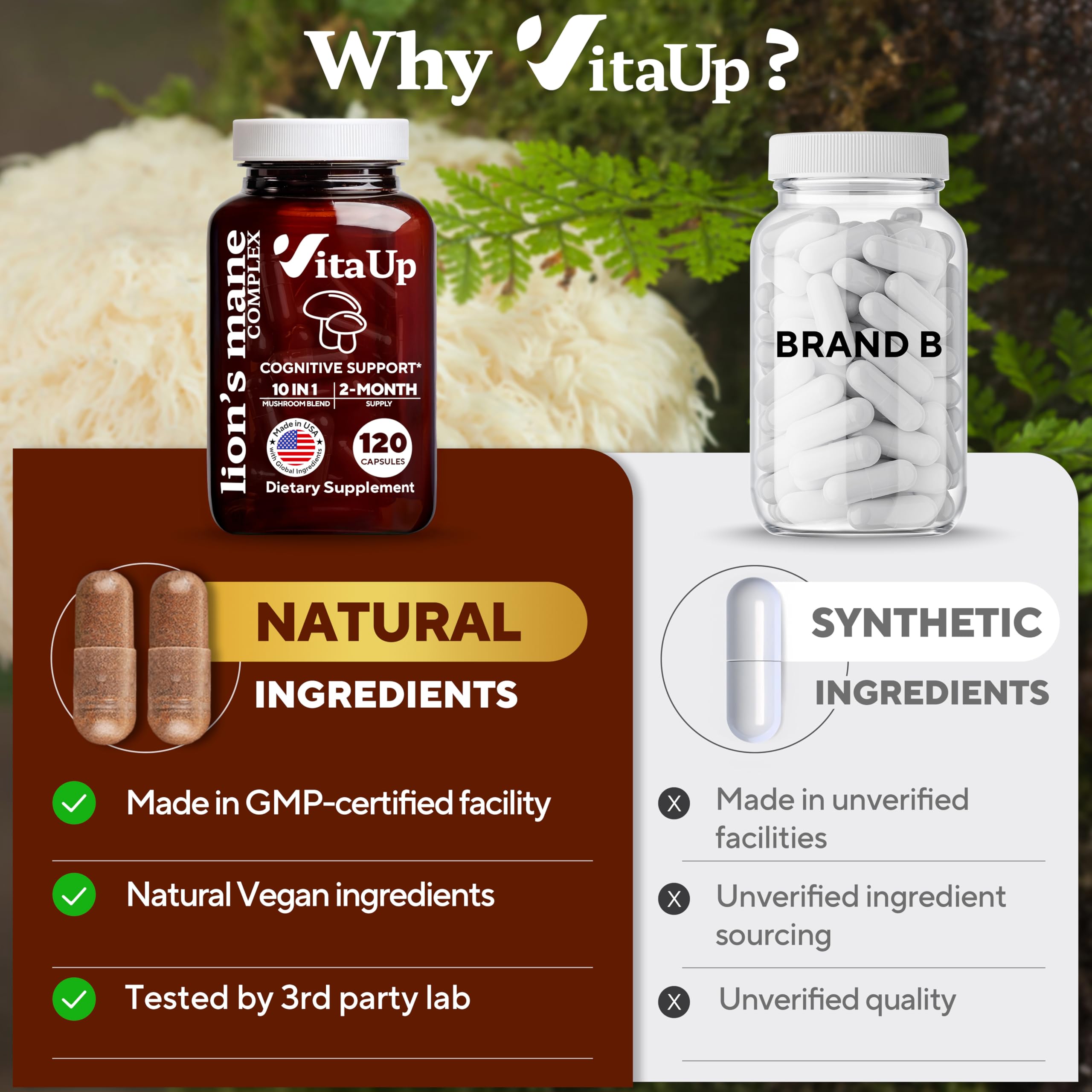 VitaUp Lion's Mane Mushroom Capsules with a measuring spoon