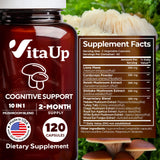 VitaUp Lion's Mane Mushroom Capsules with mushrooms background