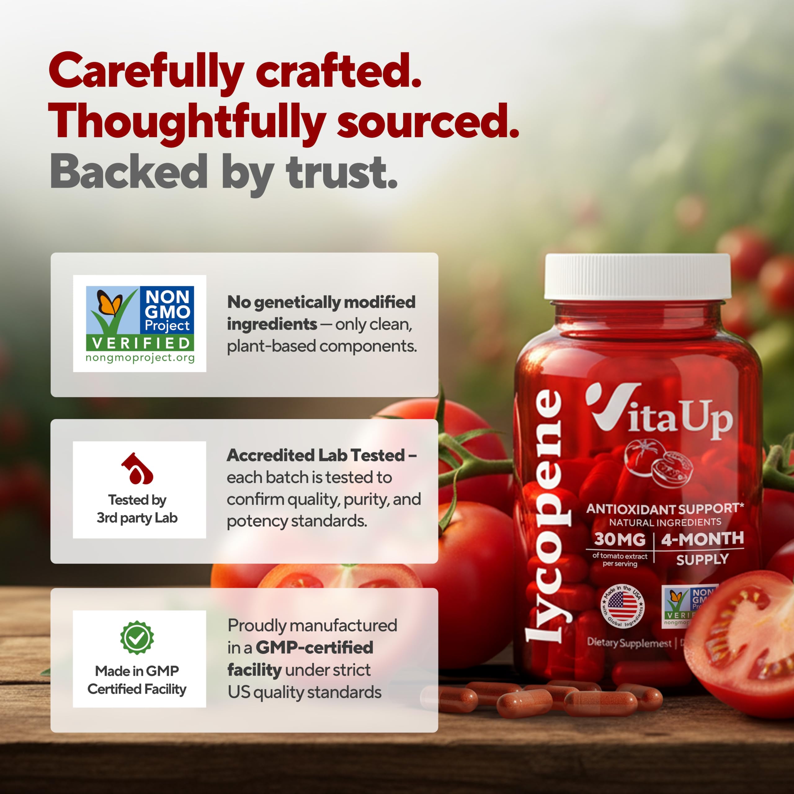 VitaUp Lycopene Supplement capsules in a hand