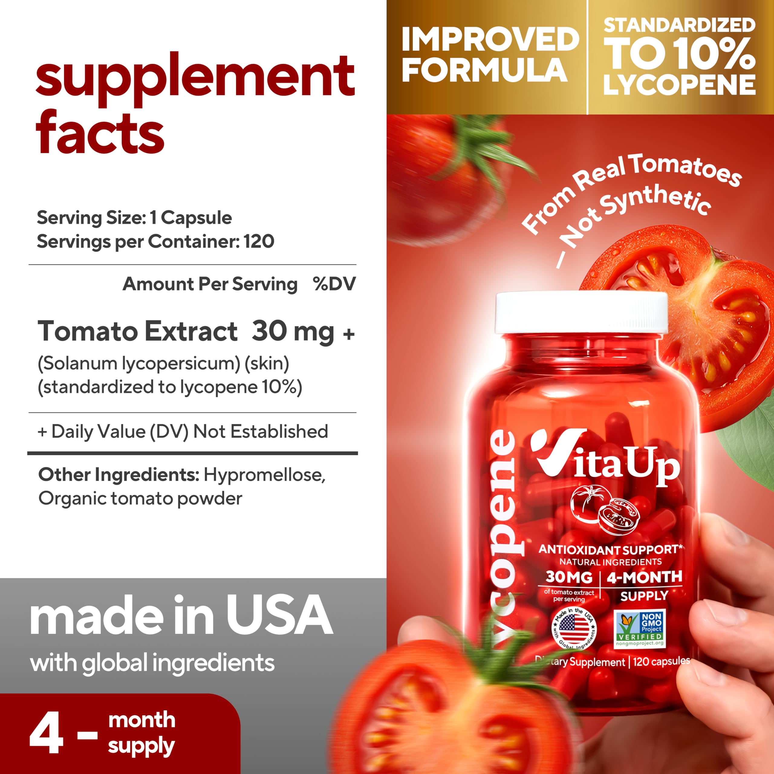 VitaUp Lycopene Supplement capsules on a wooden surface