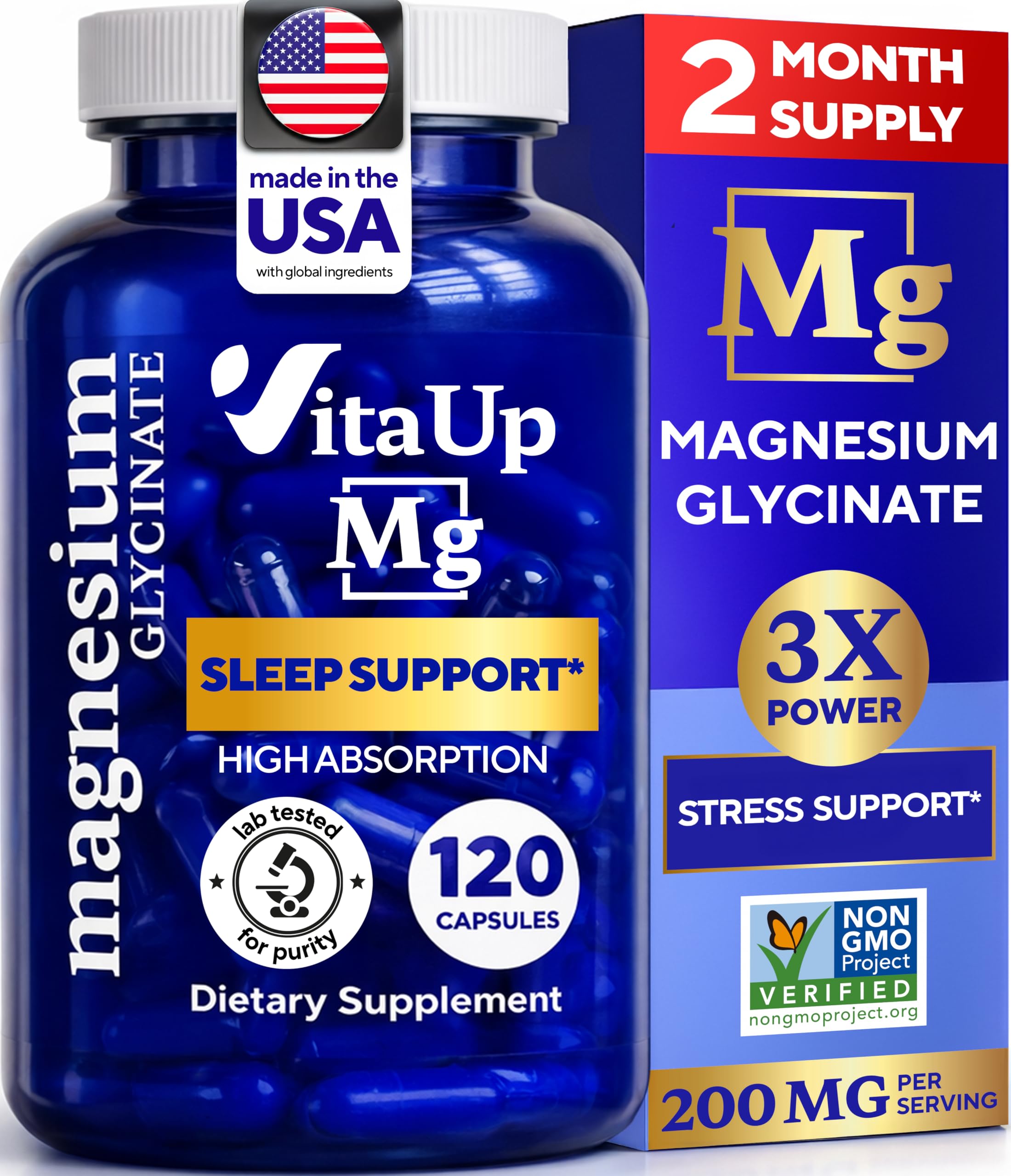 VitaUp Magnesium Glycinate 200mg capsule bottle front view