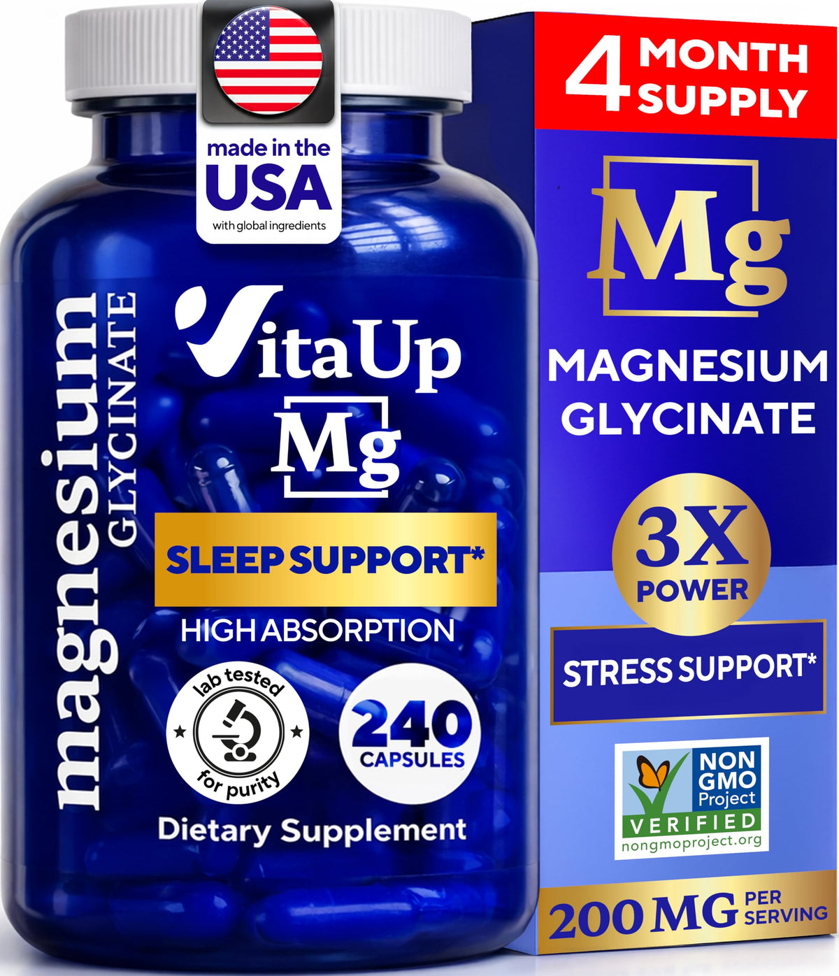 VitaUp Magnesium Glycinate 200mg supplement front view