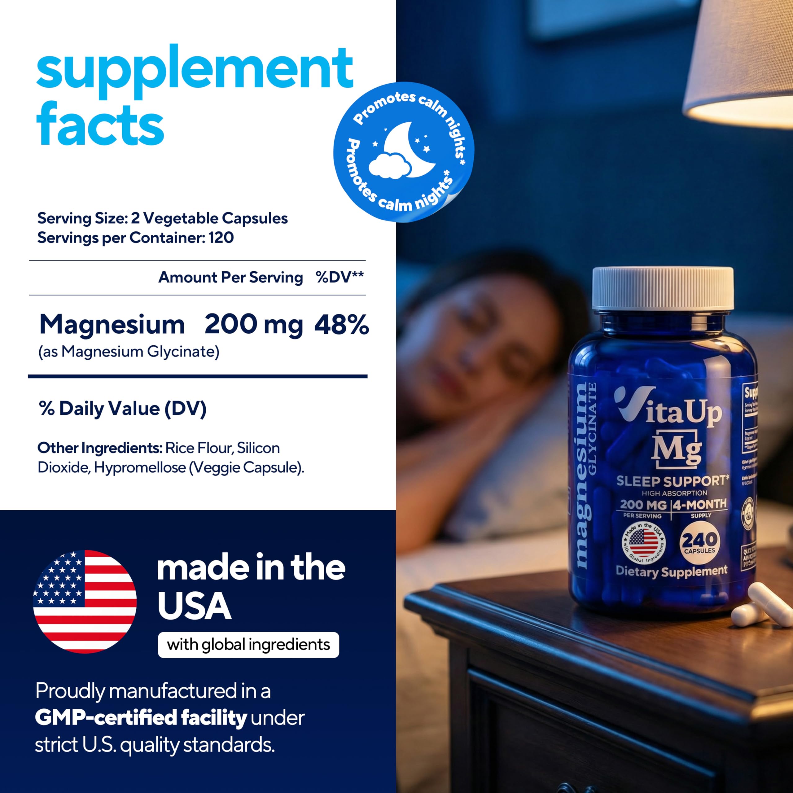 VitaUp Magnesium Glycinate 200mg supplement with dosage information