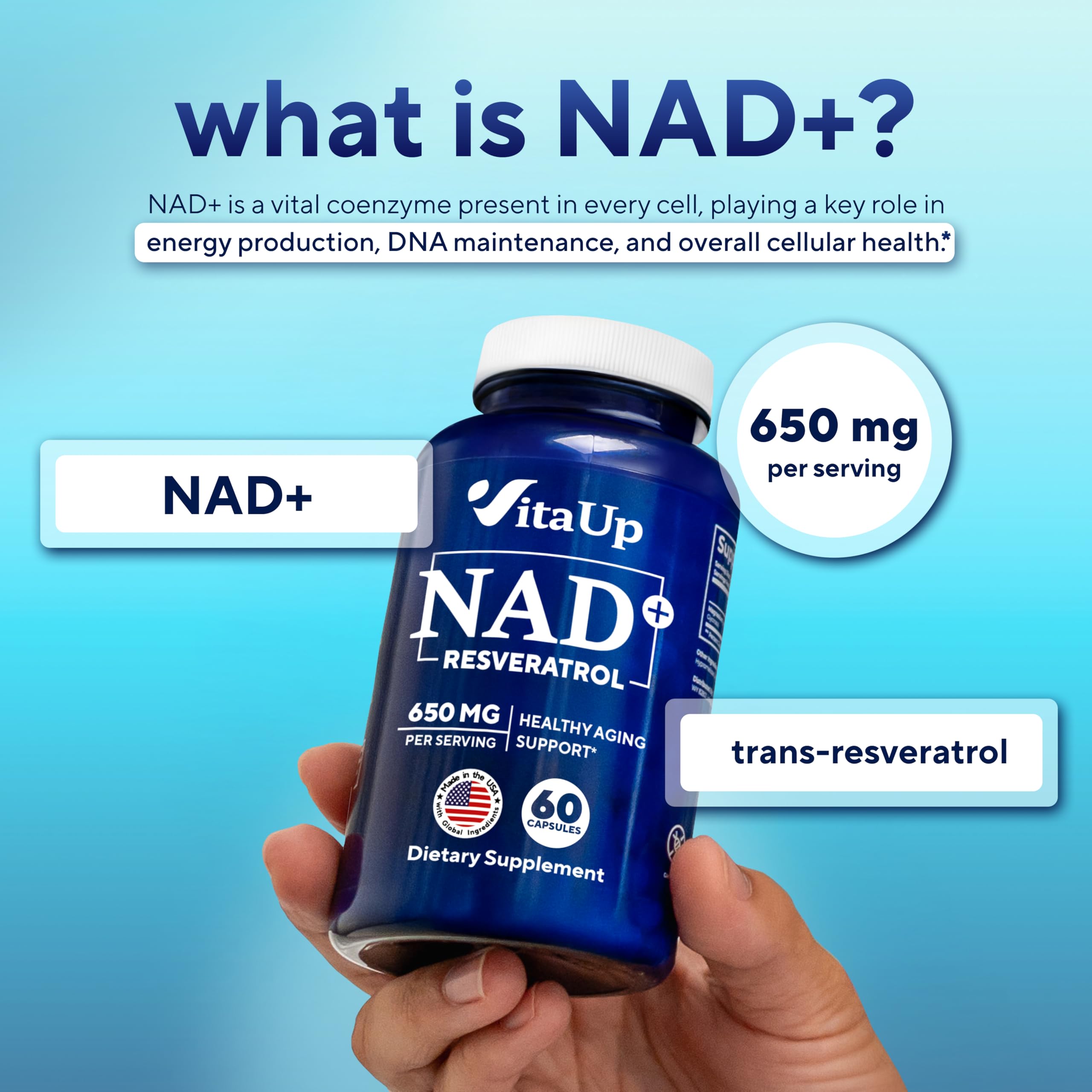 VitaUp NAD+ Supplement 500mg capsules in a clear bottle