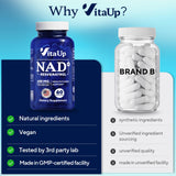 VitaUp NAD+ Supplement 500mg capsules on a wooden table