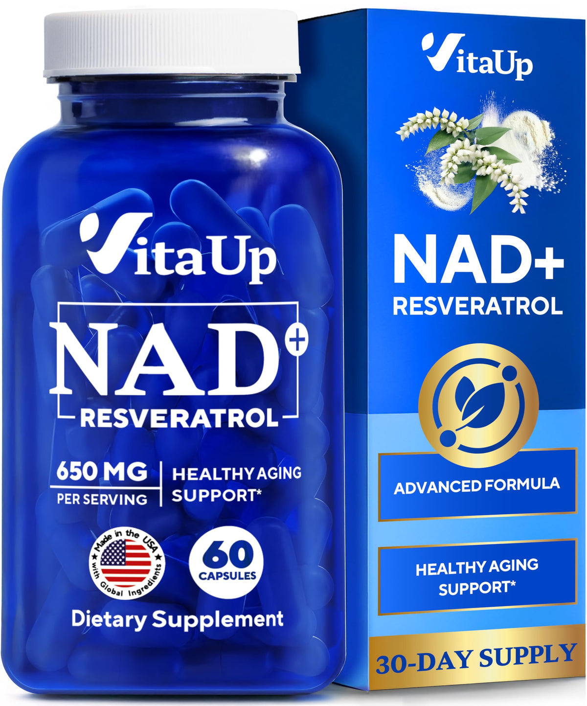 VitaUp NAD+ Supplement 500mg front view with packaging