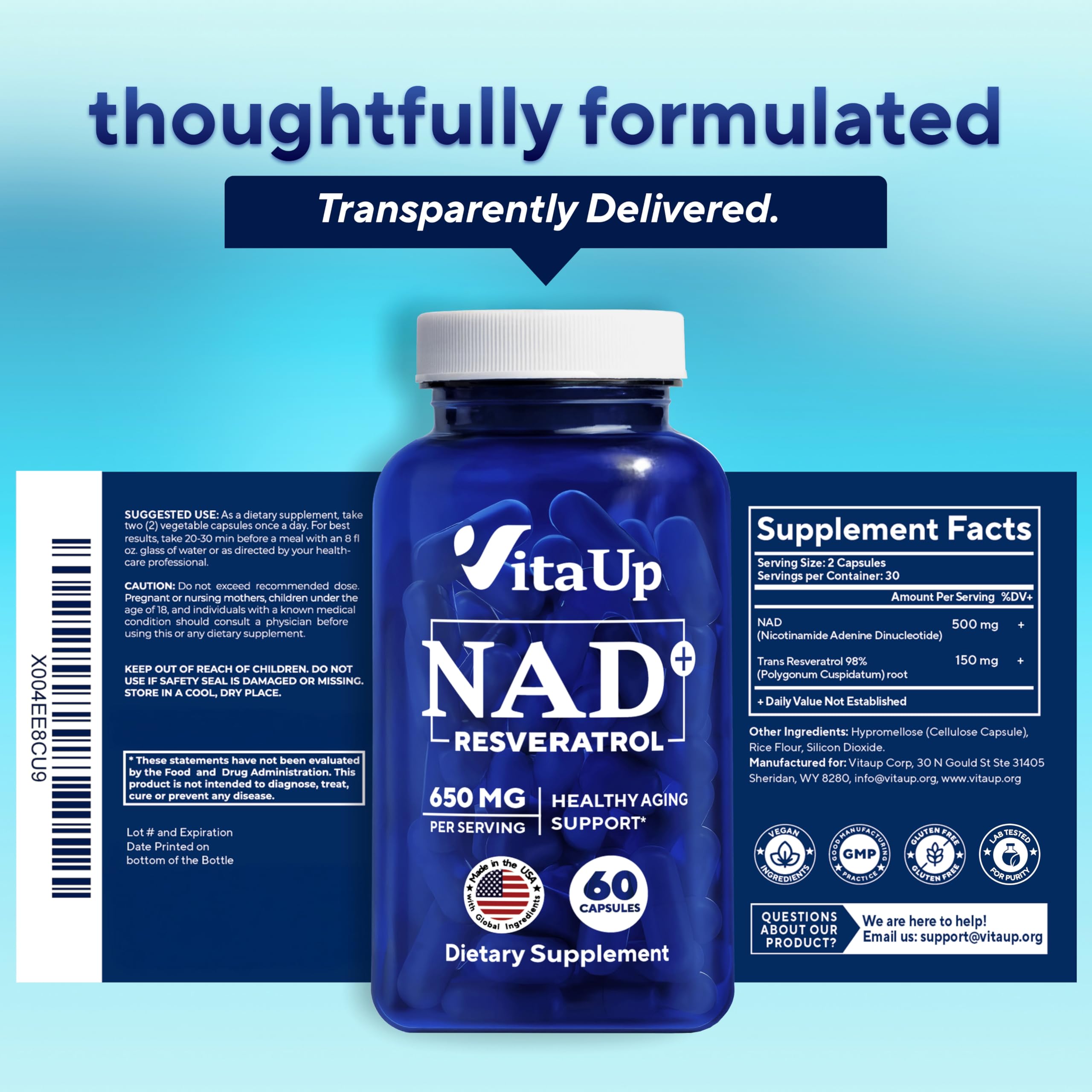 VitaUp NAD+ Supplement 500mg lifestyle scene with supplements