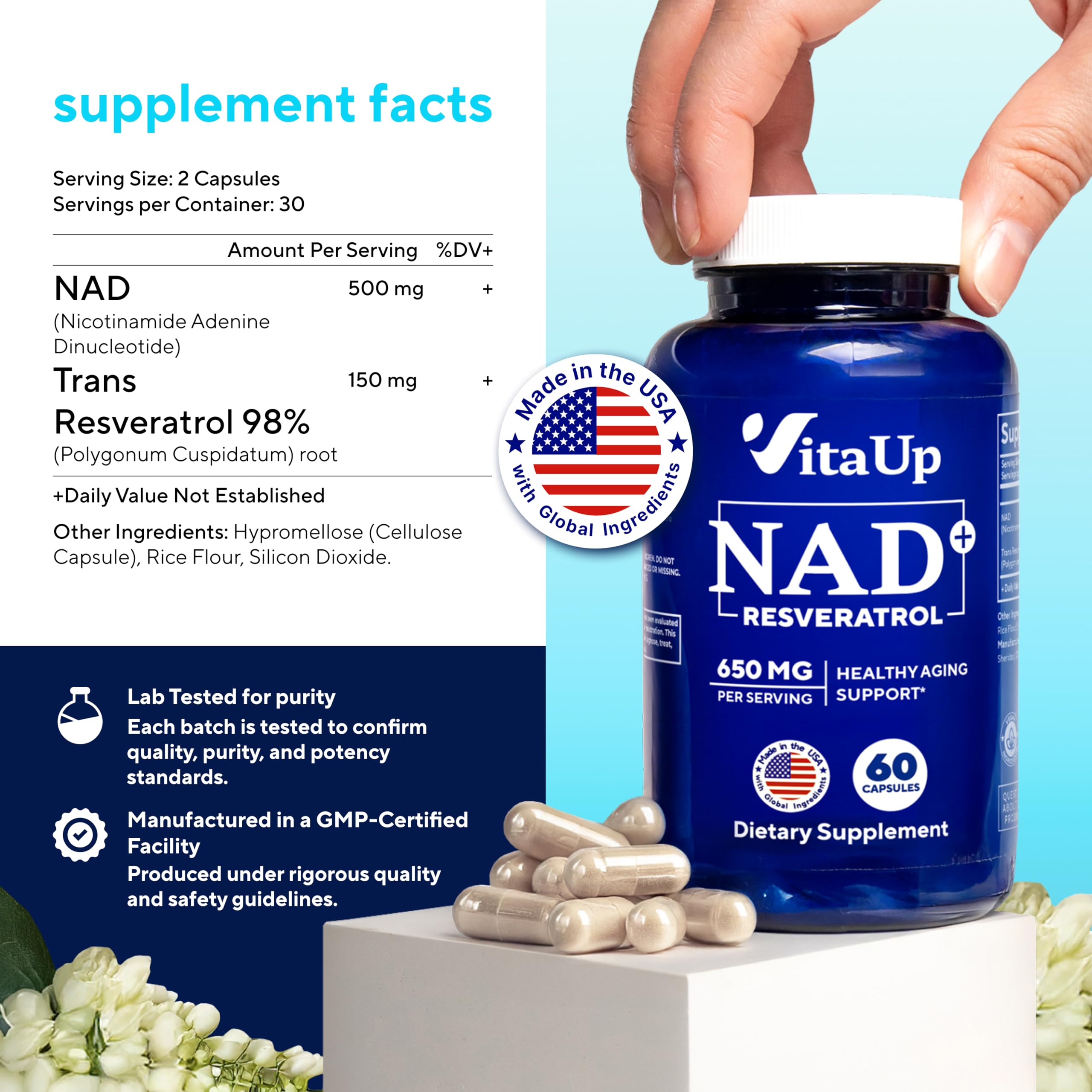VitaUp NAD+ Supplement 500mg side view showing capsule