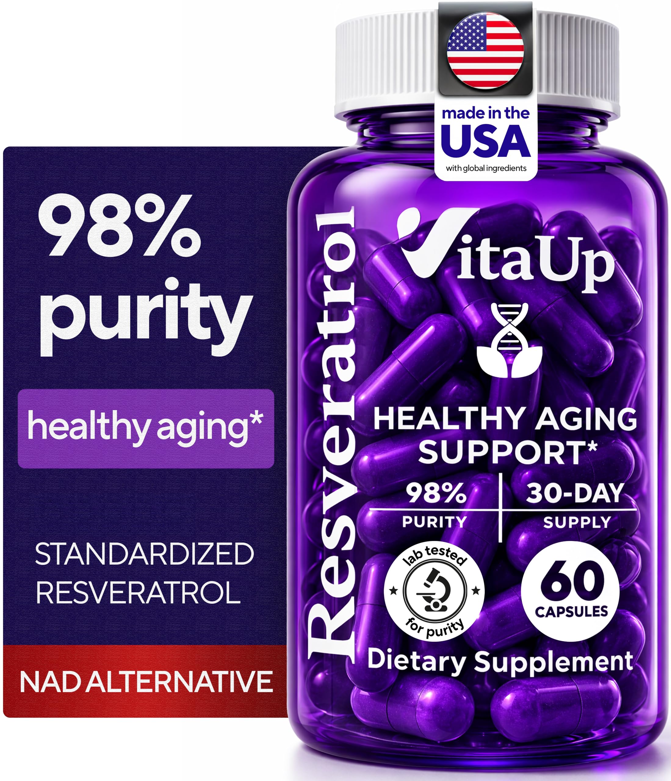 VitaUp Trans-Resveratrol Supplement 600mg capsules front view
