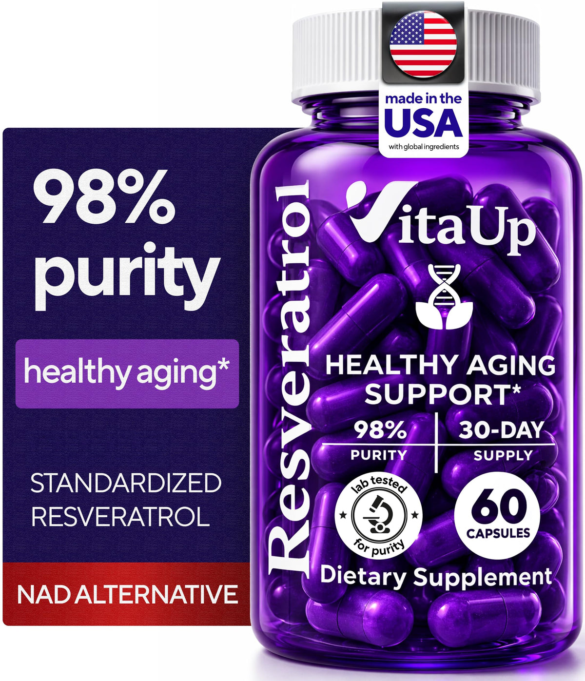 VitaUp Trans-Resveratrol Supplement 600mg capsules front view