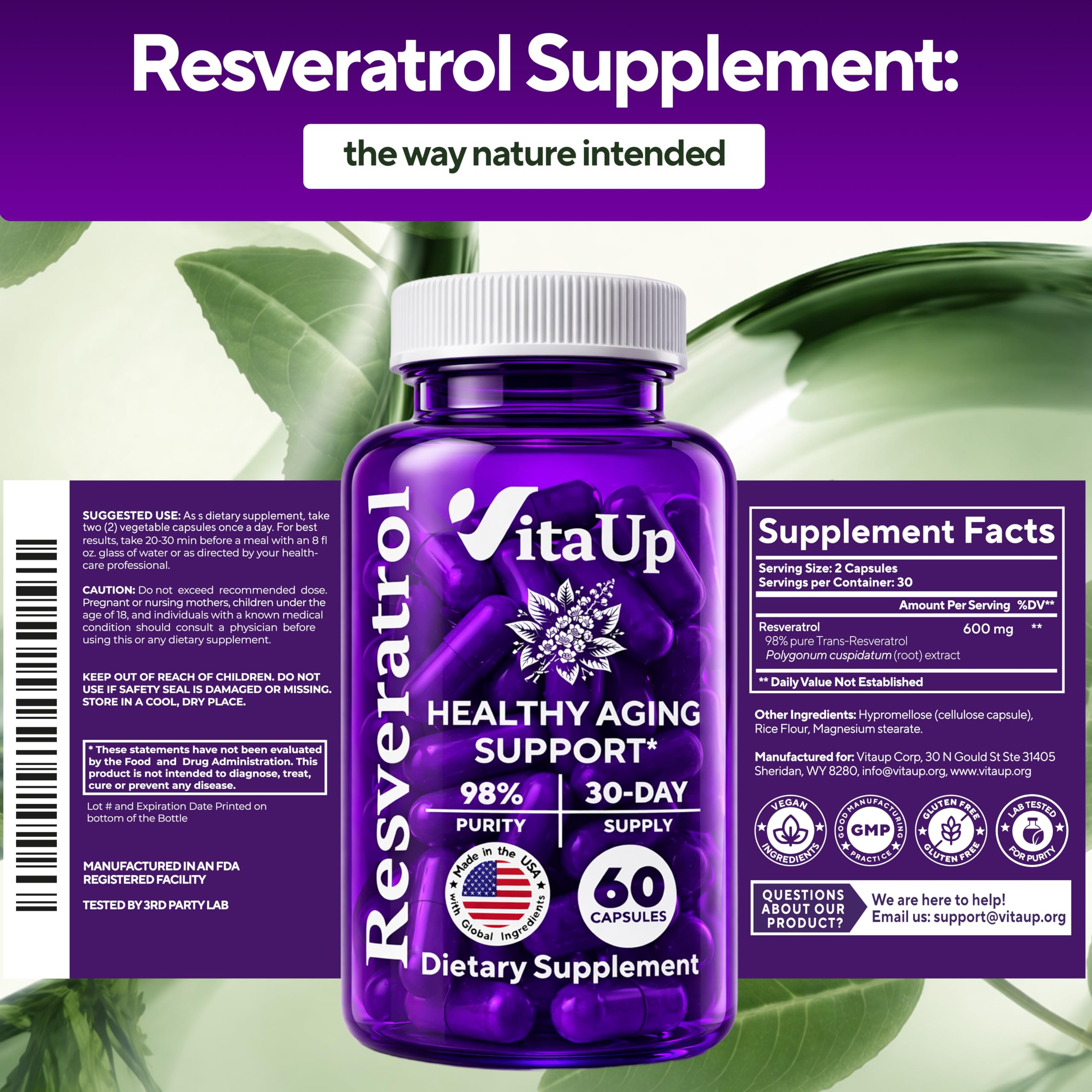 VitaUp Trans-Resveratrol Supplement 600mg capsules in a lifestyle setting