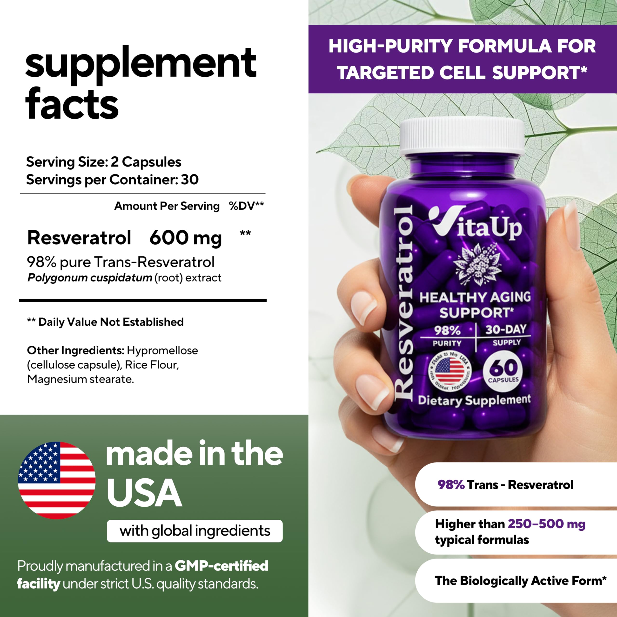 VitaUp Trans-Resveratrol Supplement 600mg capsules side view