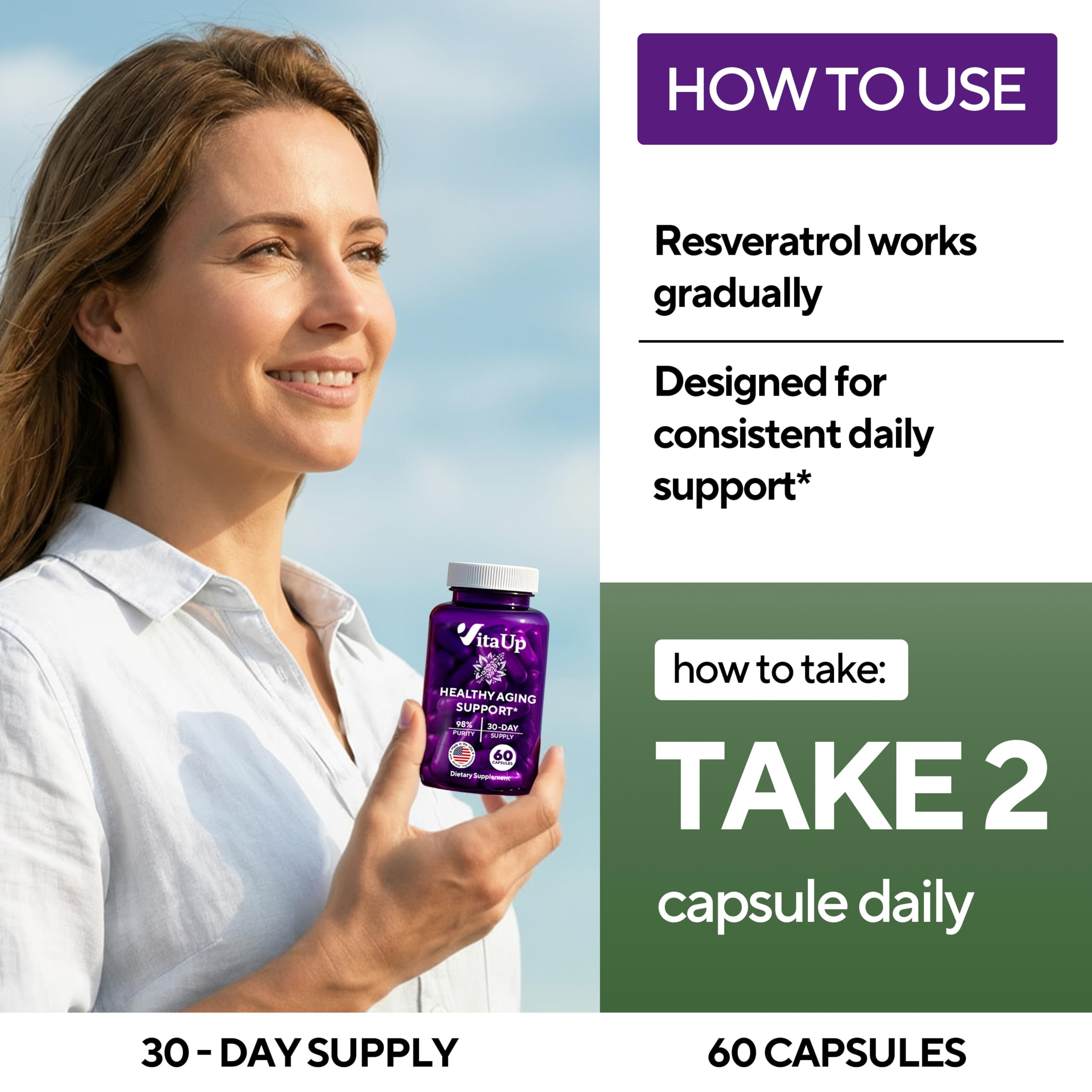 VitaUp Trans-Resveratrol Supplement 600mg capsules with a glass of water