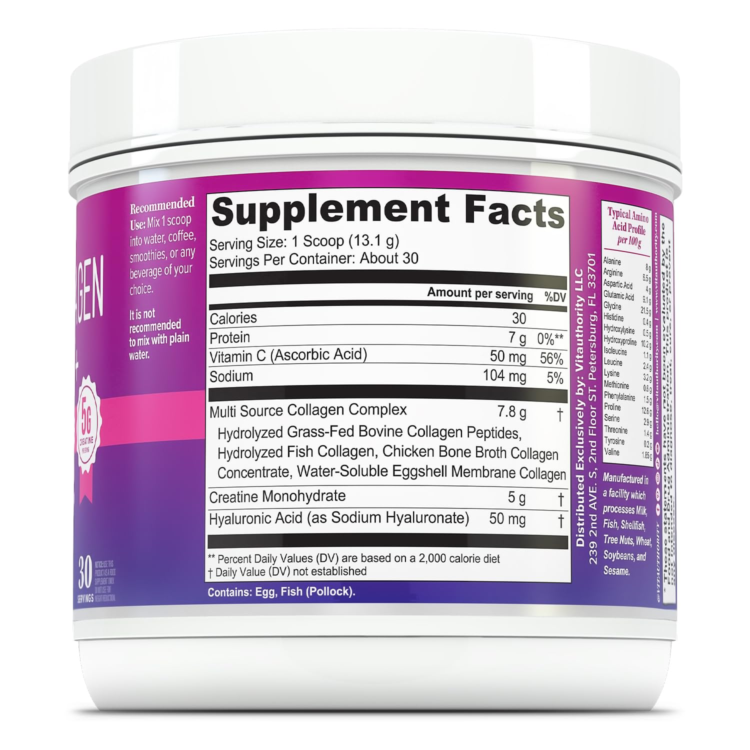 Vitauthority Collagen Creatine Powder 391g side view