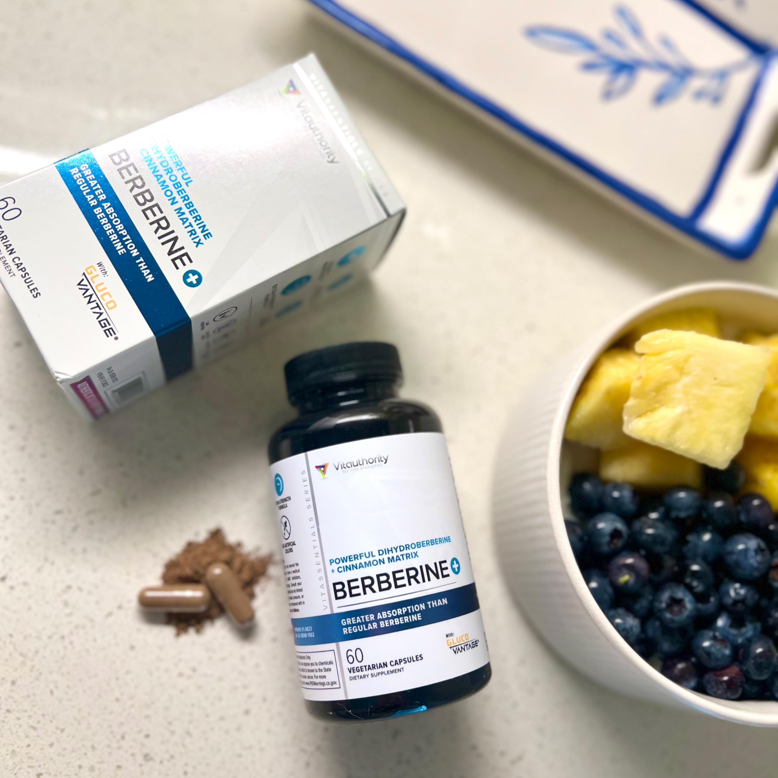 Vitauthority GlucoVantage Dihydroberberine Supplement lifestyle scene with a glass of water