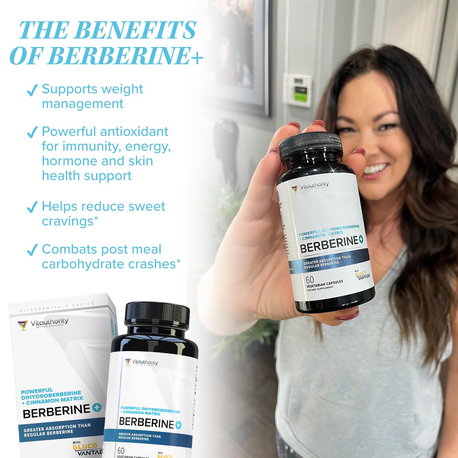 Vitauthority GlucoVantage Dihydroberberine Supplement side view with label