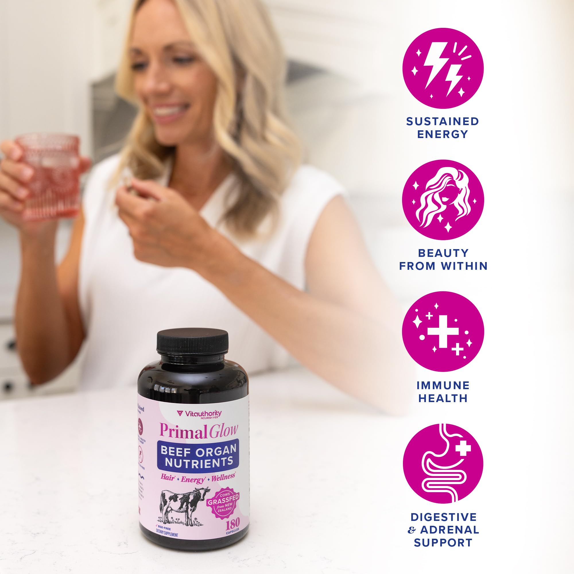Vitauthority Primal Glow capsules in a clear bowl