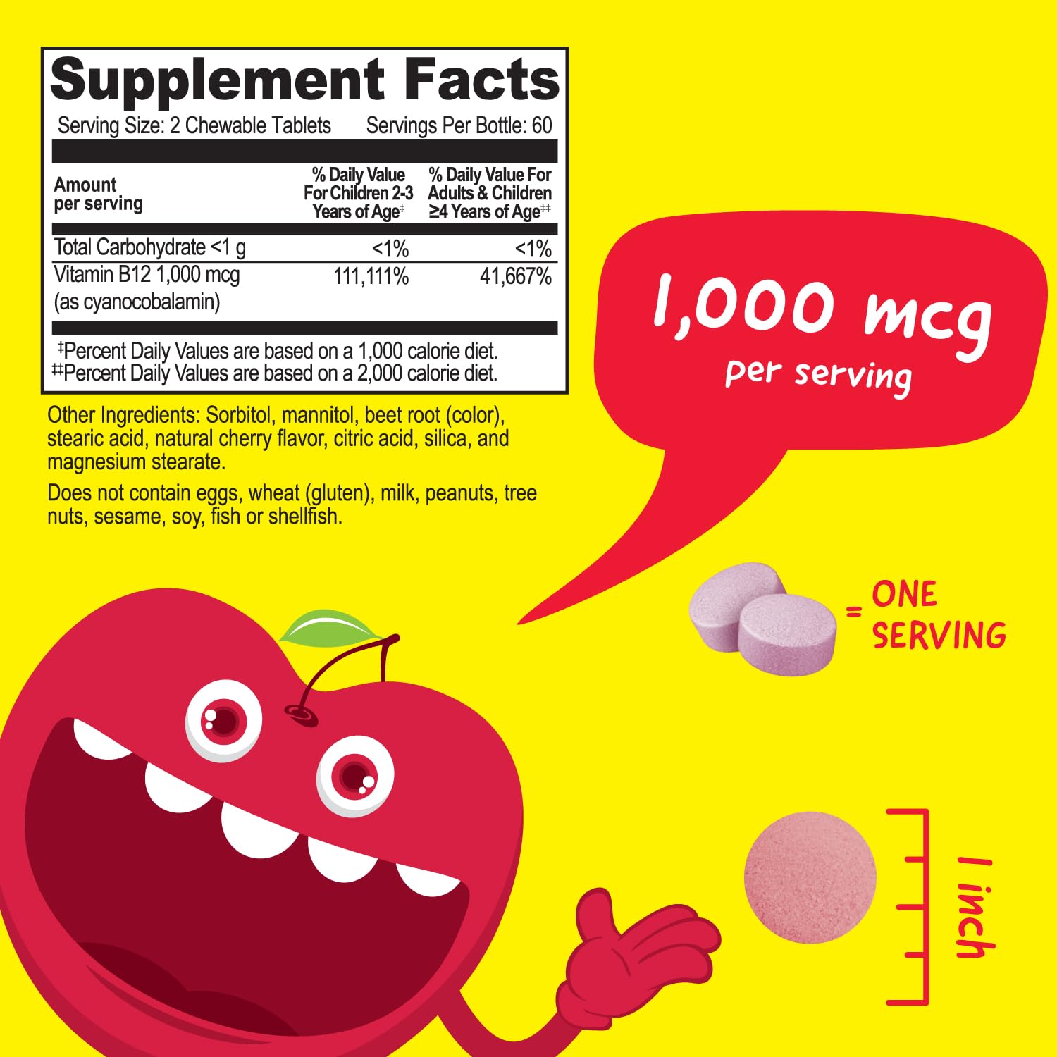 VitaWorks B12 Chewable Tablets 1000MCG cherry flavour bottle side view