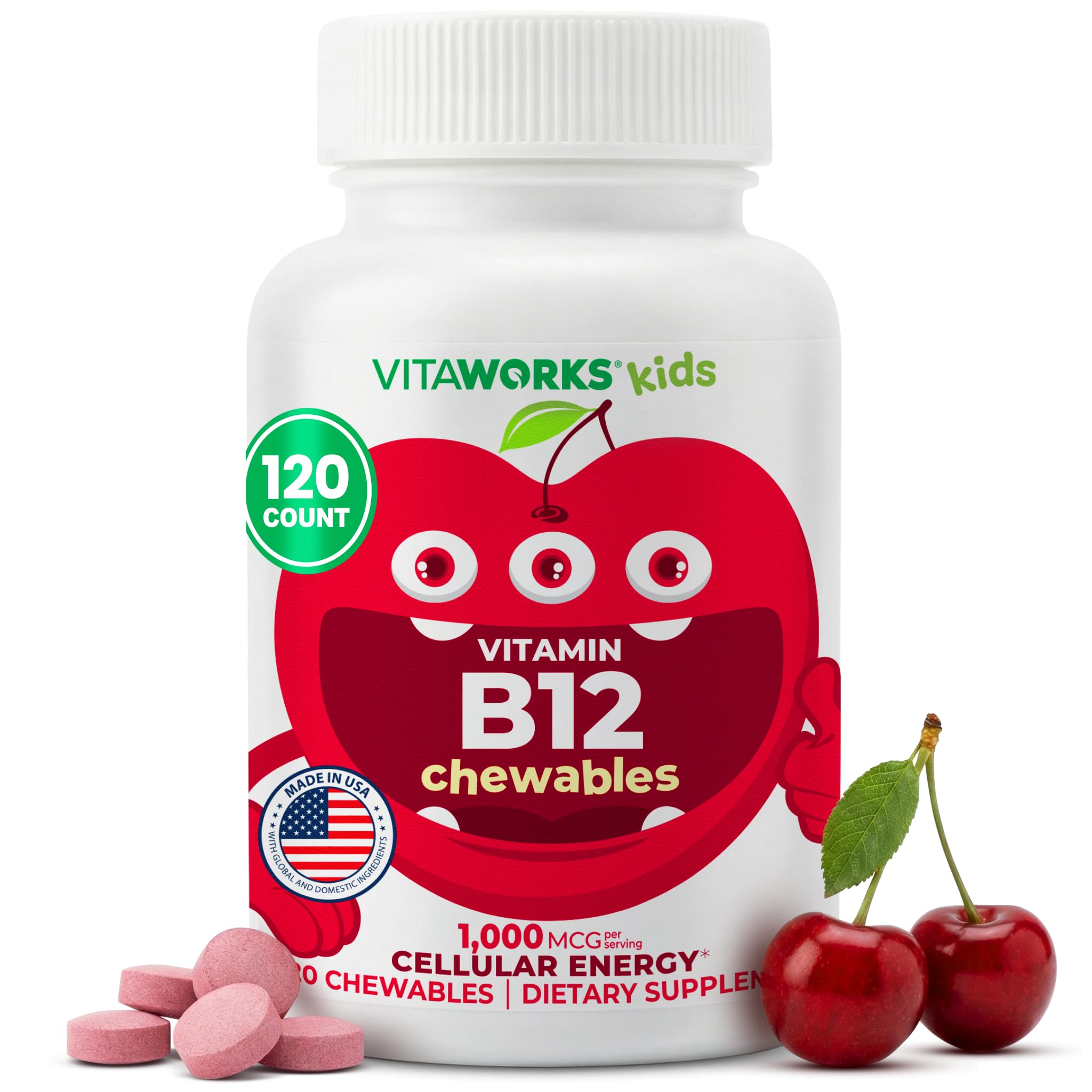 VitaWorks B12 Chewable Tablets 1000MCG cherry flavour front view