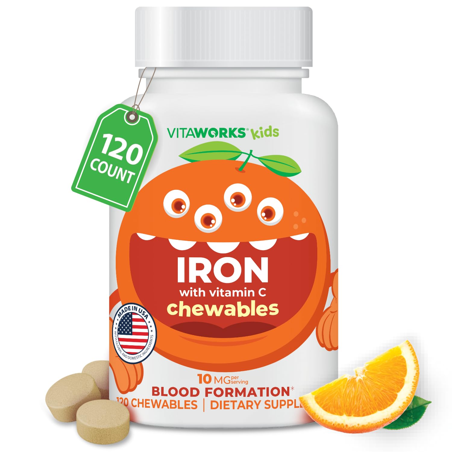 VitaWorks Iron + Vitamin C chewable tablets bottle front view