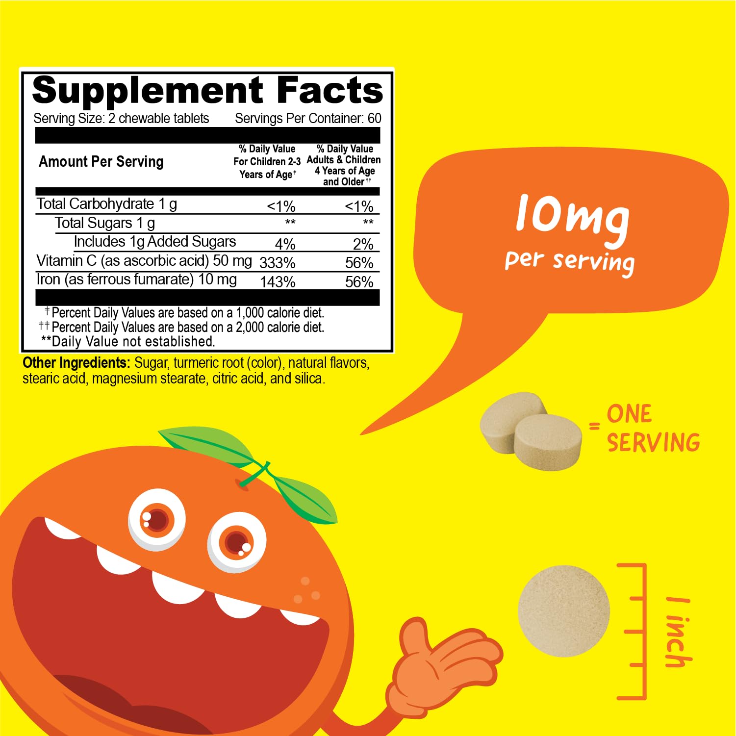 VitaWorks Iron + Vitamin C chewable tablets orange flavour close-up