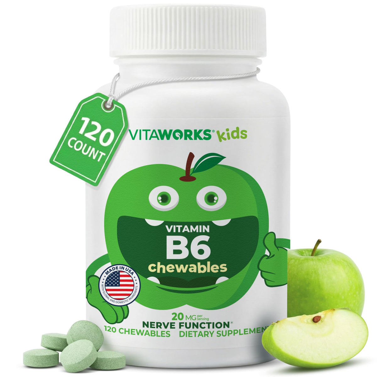 VitaWorks Vitamin B6 Chewable Tablets 20mg green apple flavour front view