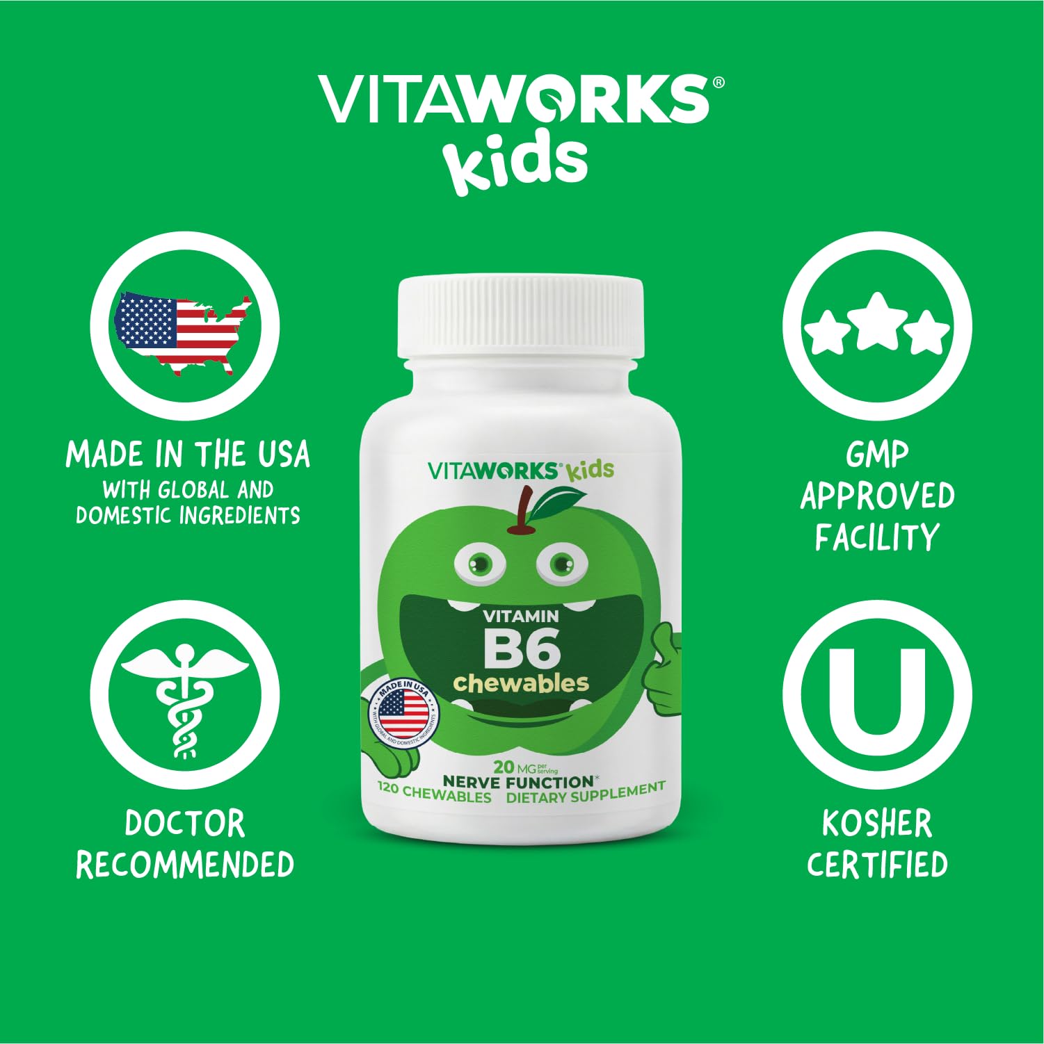 VitaWorks Vitamin B6 Chewable Tablets on a wooden table