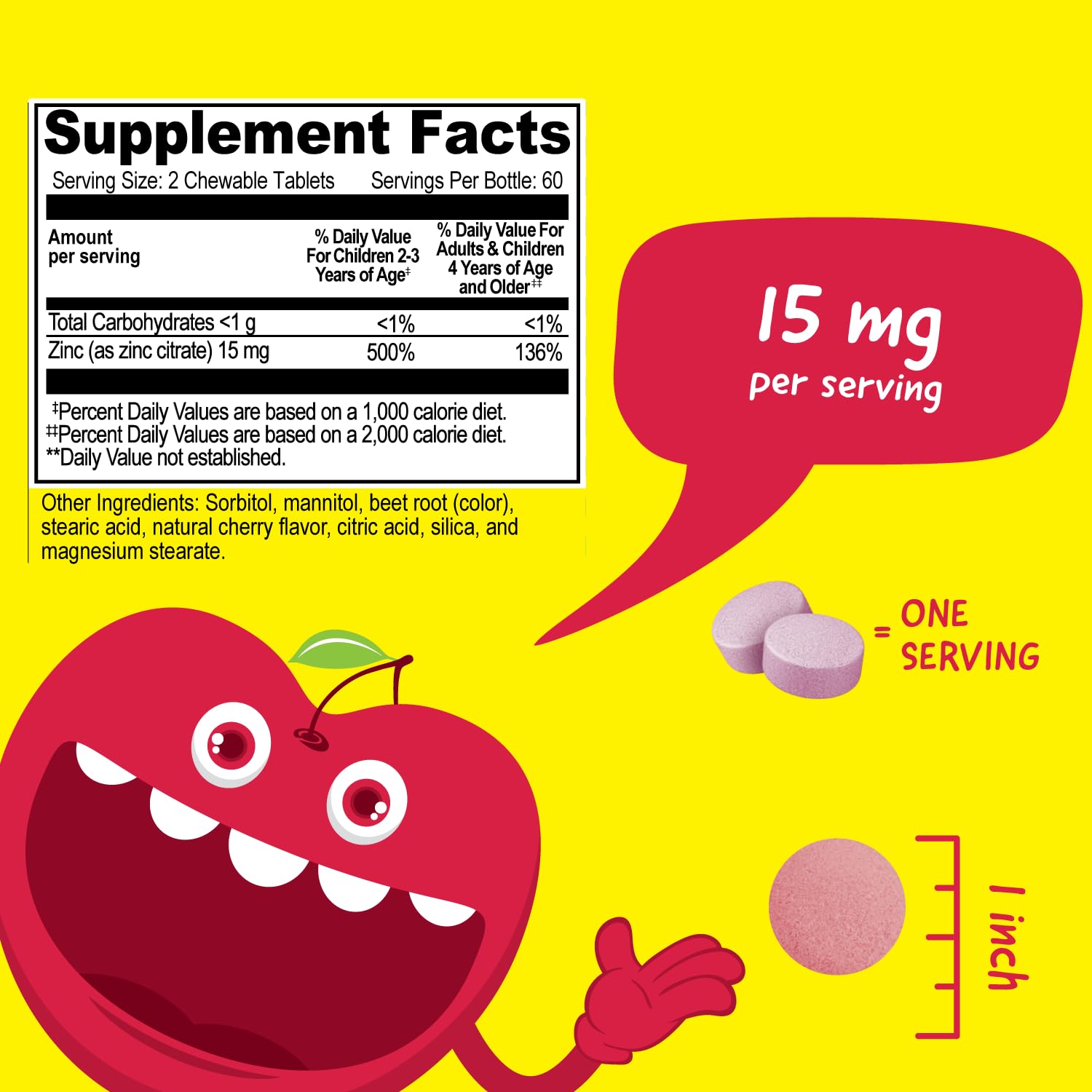 VitaWorks Zinc Chewable Tablets 15mg side view with packaging