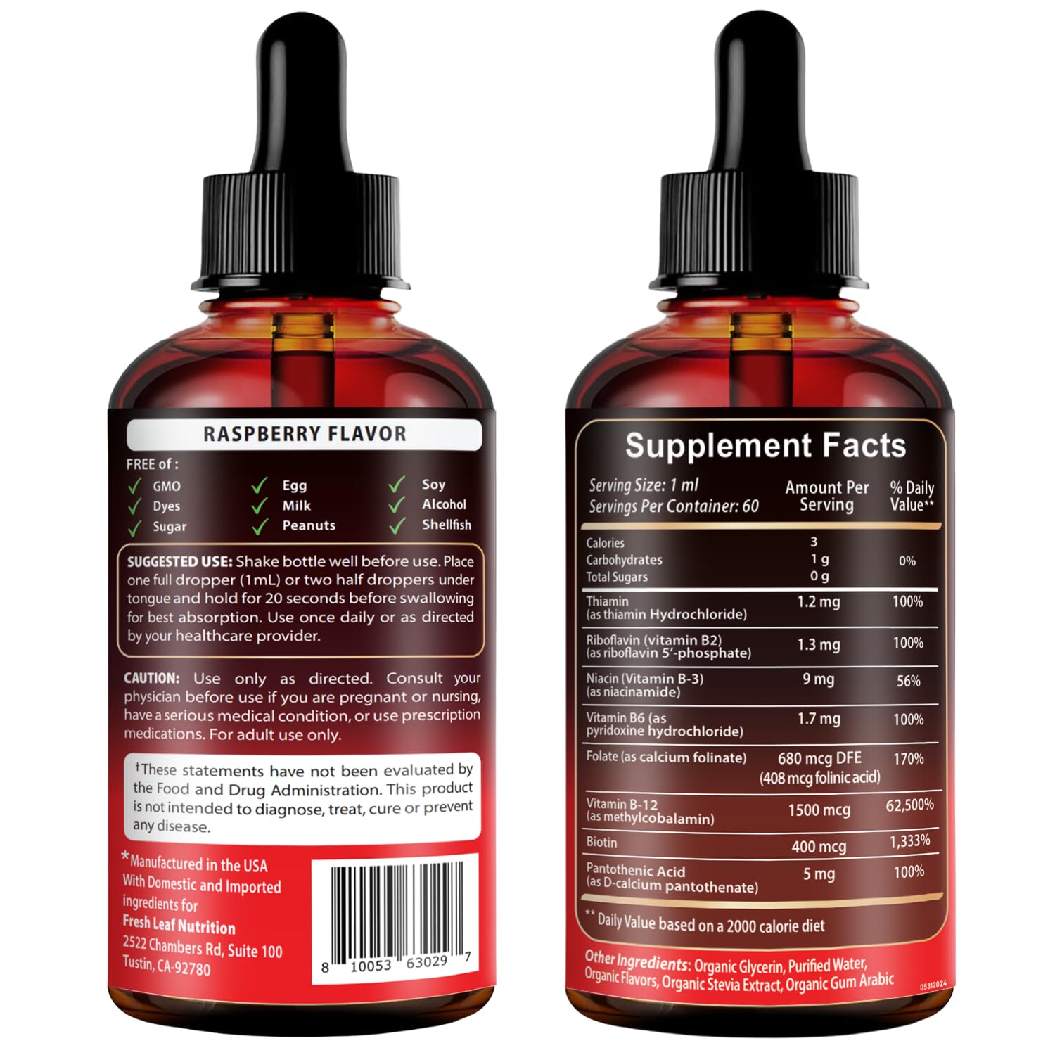 VITBOOST B Complex Liquid Vitamin back view showing nutritional information