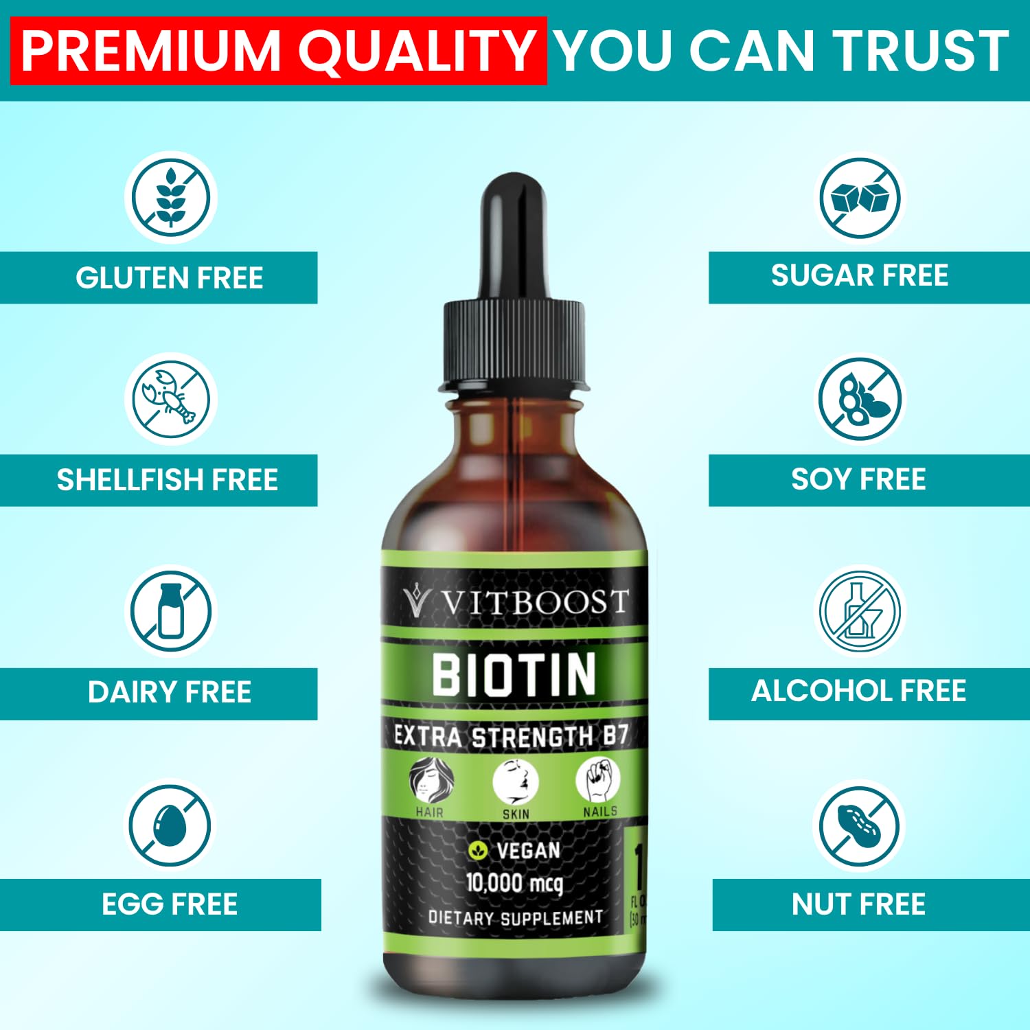 VITBOOST Biotin Liquid Drops 10,000mcg liquid drops in a spoon