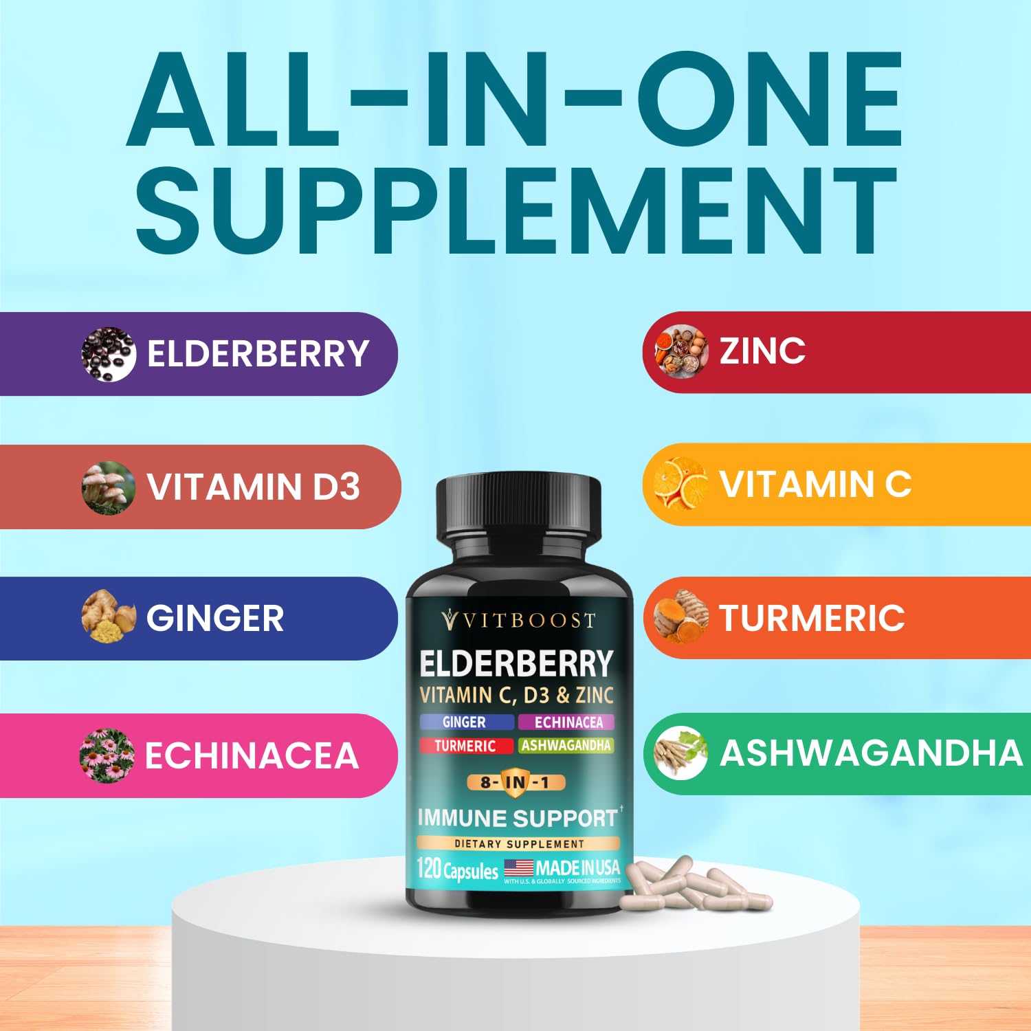 VITBOOST Elderberry Supplement with a measuring spoon