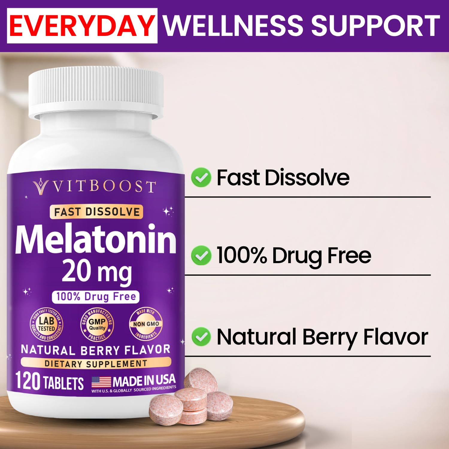 VITBOOST Melatonin 20mg dissolve tablets with a glass of water