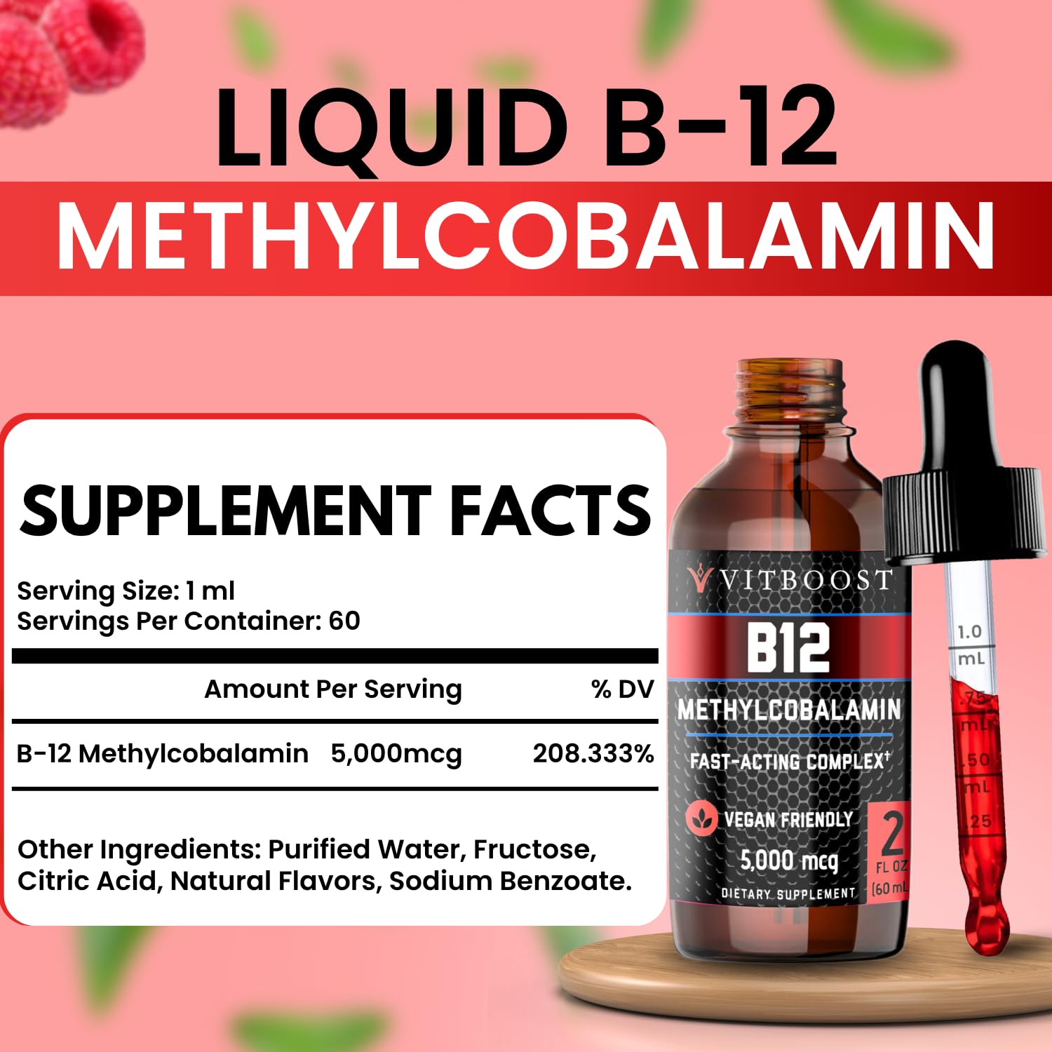 VITBOOST Vegan Liquid B-12 Raspberry 136g bottle side view