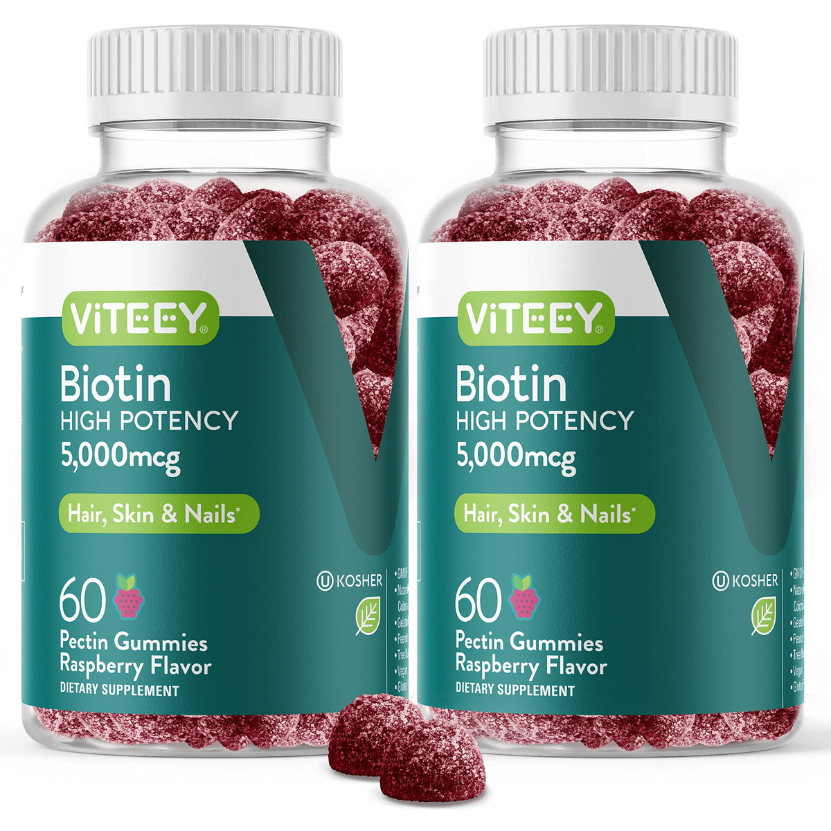 Viteey Biotin Gummies 120 Count front view with raspberry flavour