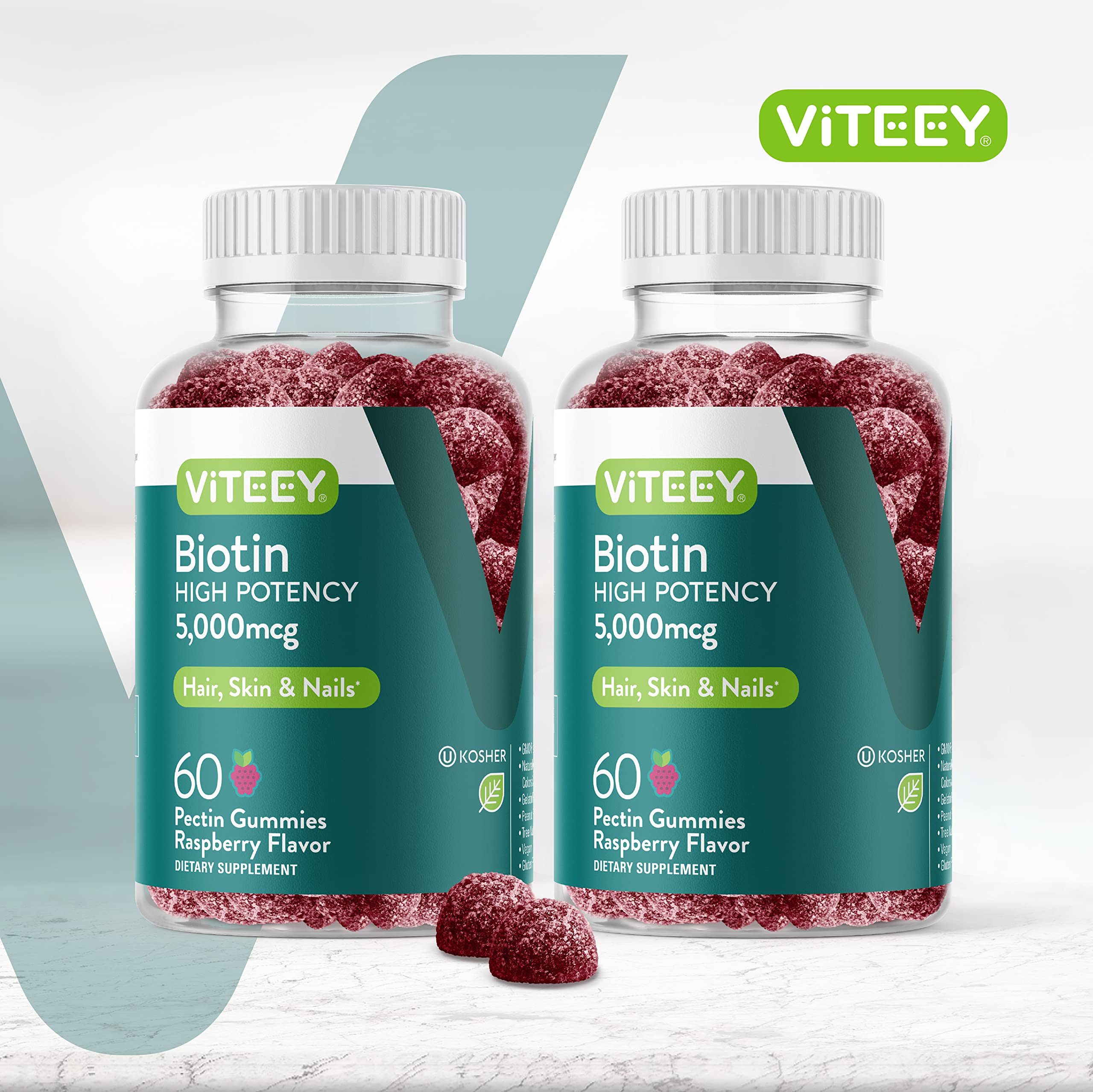Viteey Biotin Gummies bottle side view showing nutritional information
