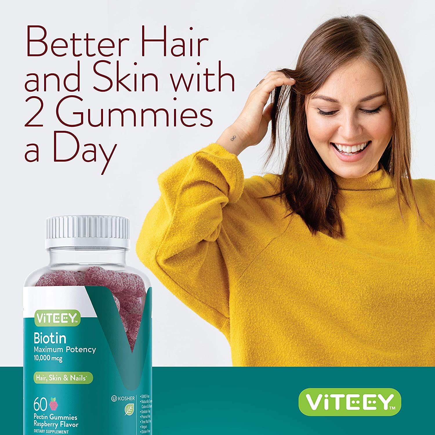 Viteey Biotin Gummies packaging showing 60 count and vegan label