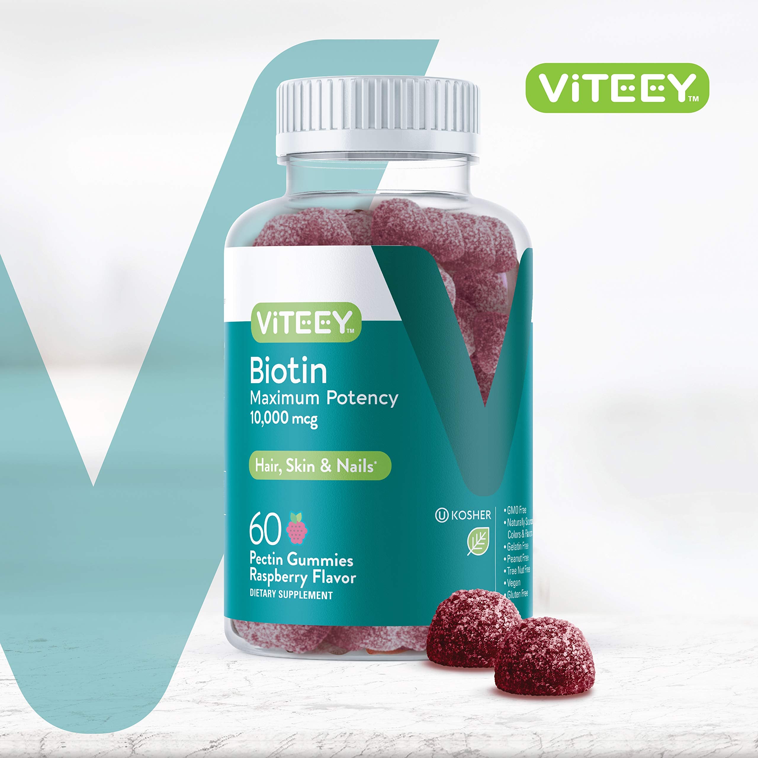 Viteey Biotin Gummies showing gummy texture and raspberry flavour