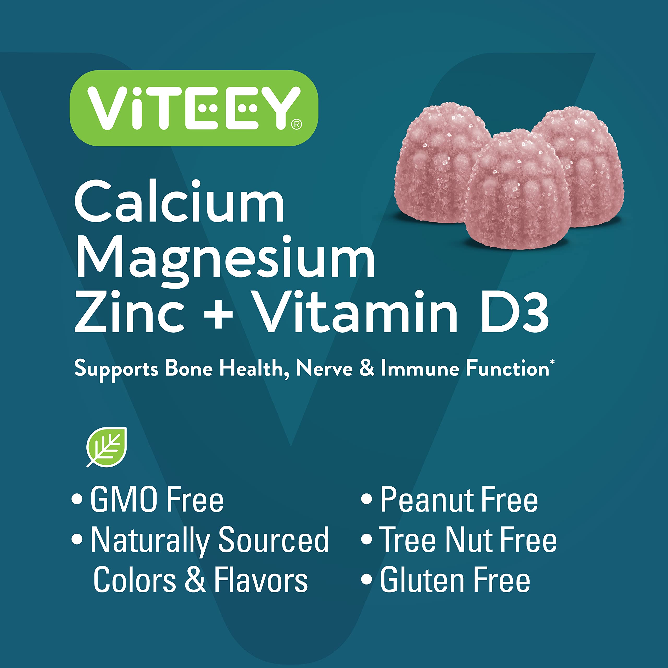 Viteey Calcium Magnesium Zinc Gummies on a kitchen counter