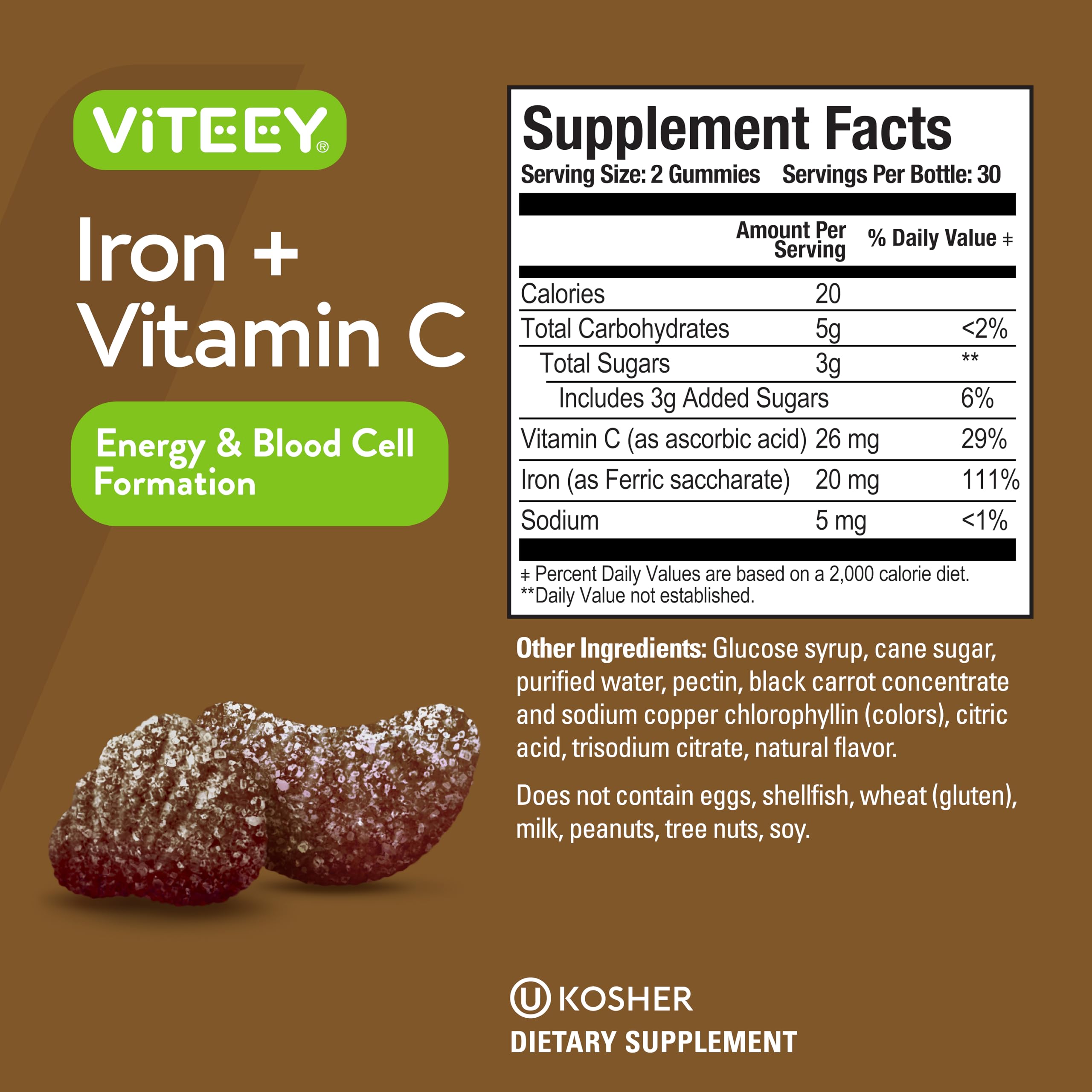 Viteey Iron Gummies showing serving size of 2 gummies