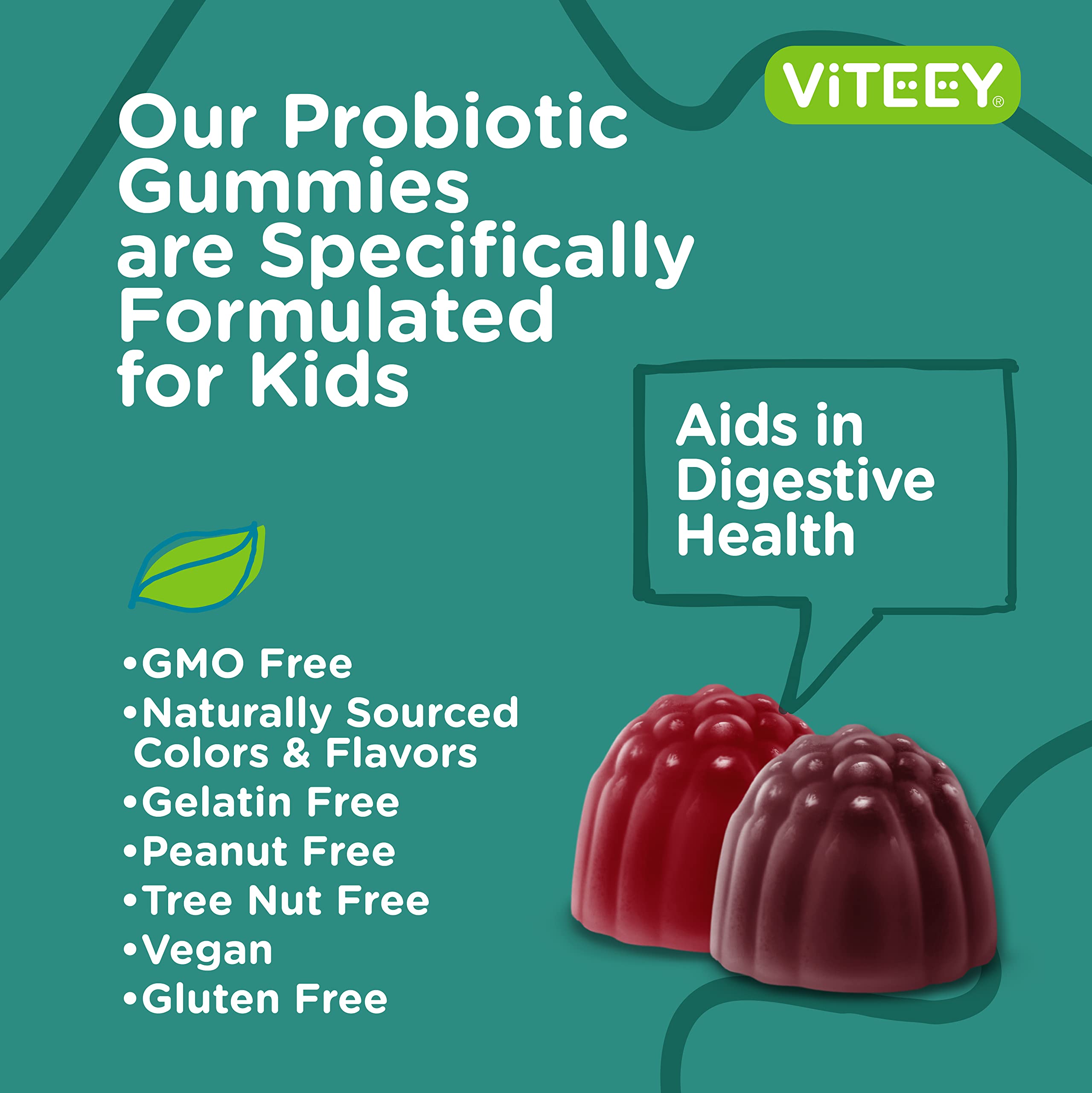 Viteey Kids Probiotic Gummies back view with ingredient list