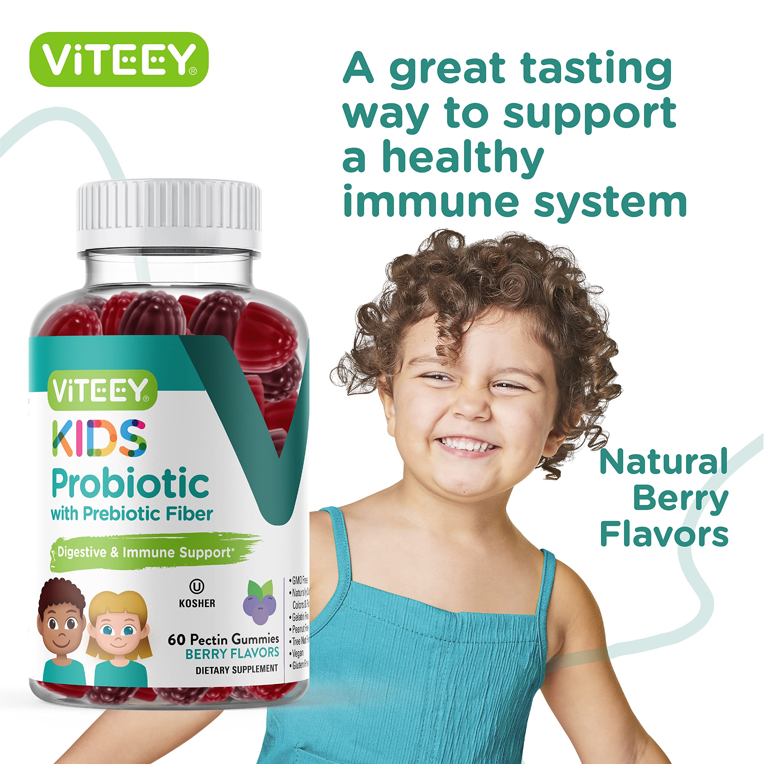 Viteey Kids Probiotic Gummies on a kitchen counter