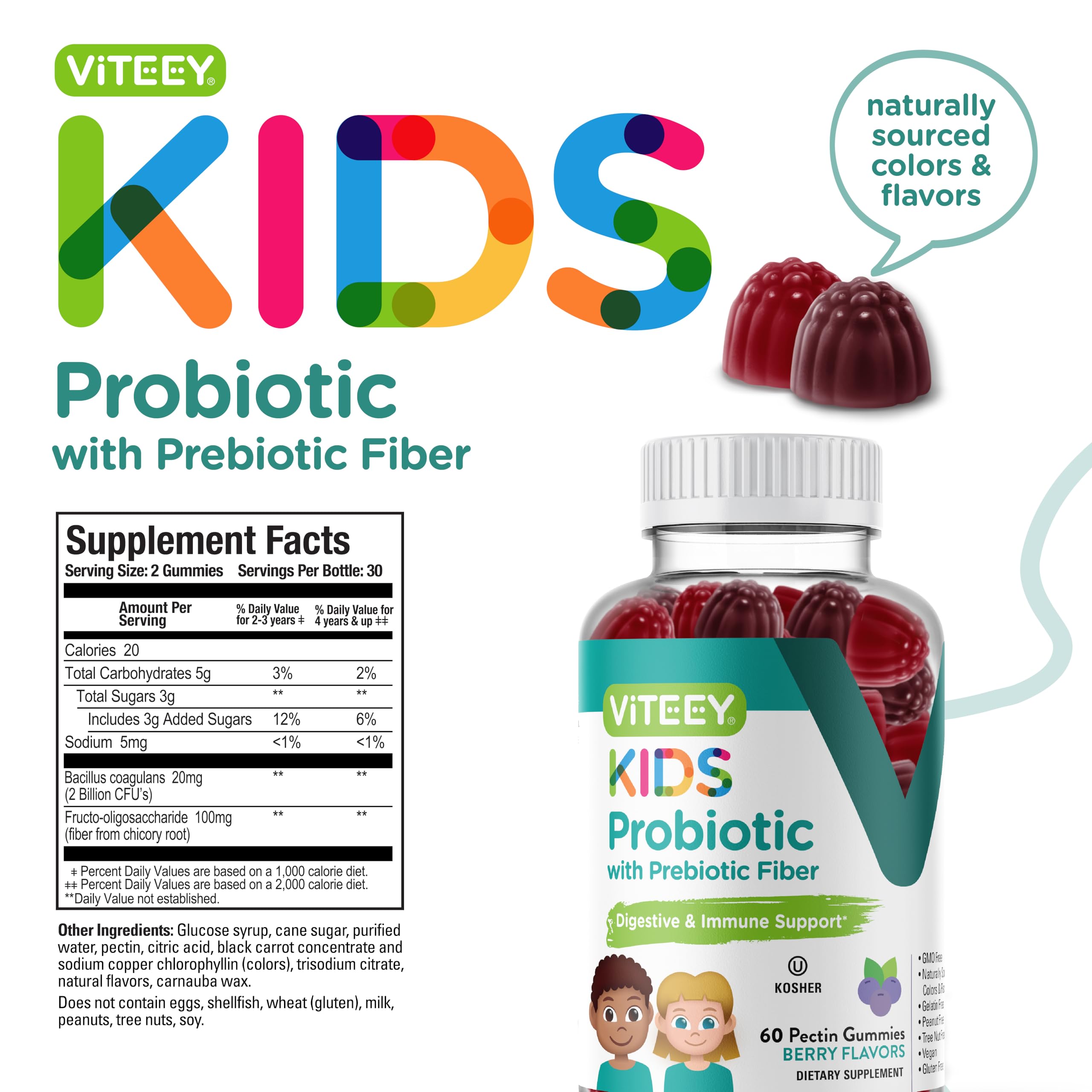Viteey Kids Probiotic Gummies opened bottle with gummies