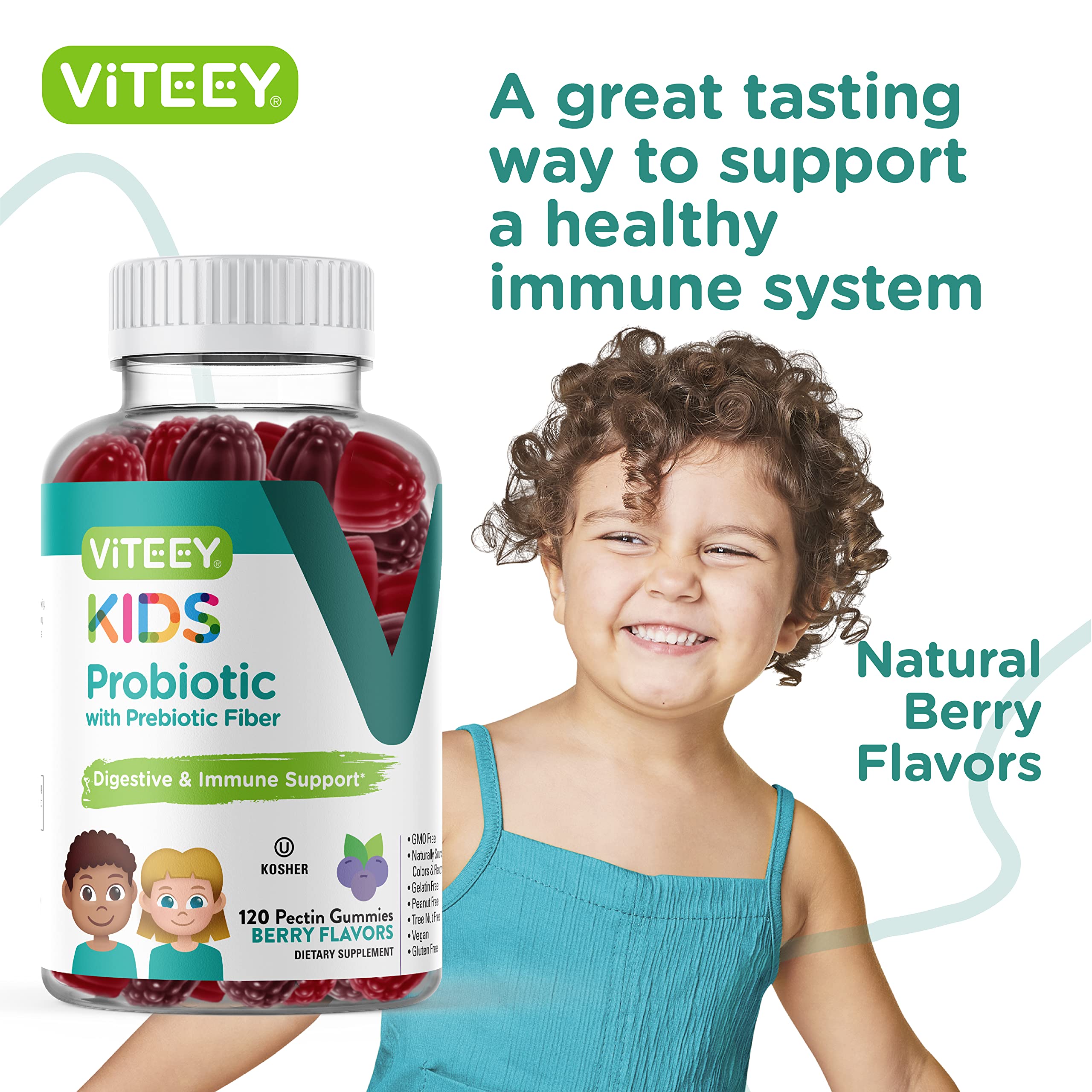 Viteey Kids Probiotic Gummies with a measuring spoon
