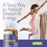 Viteey Maca Root Gummies on a table with a glass of water