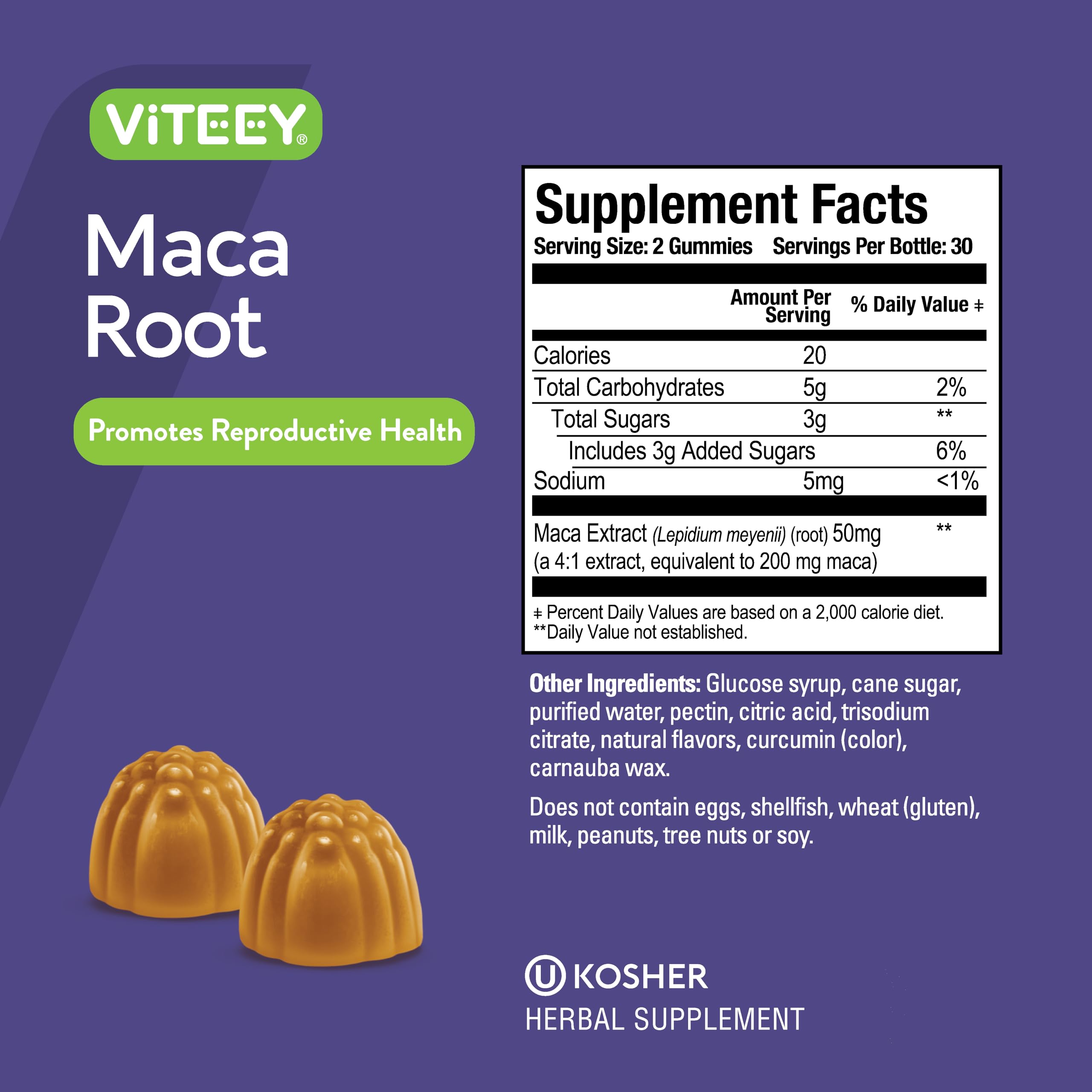 Viteey Maca Root Gummies side view with nutritional information