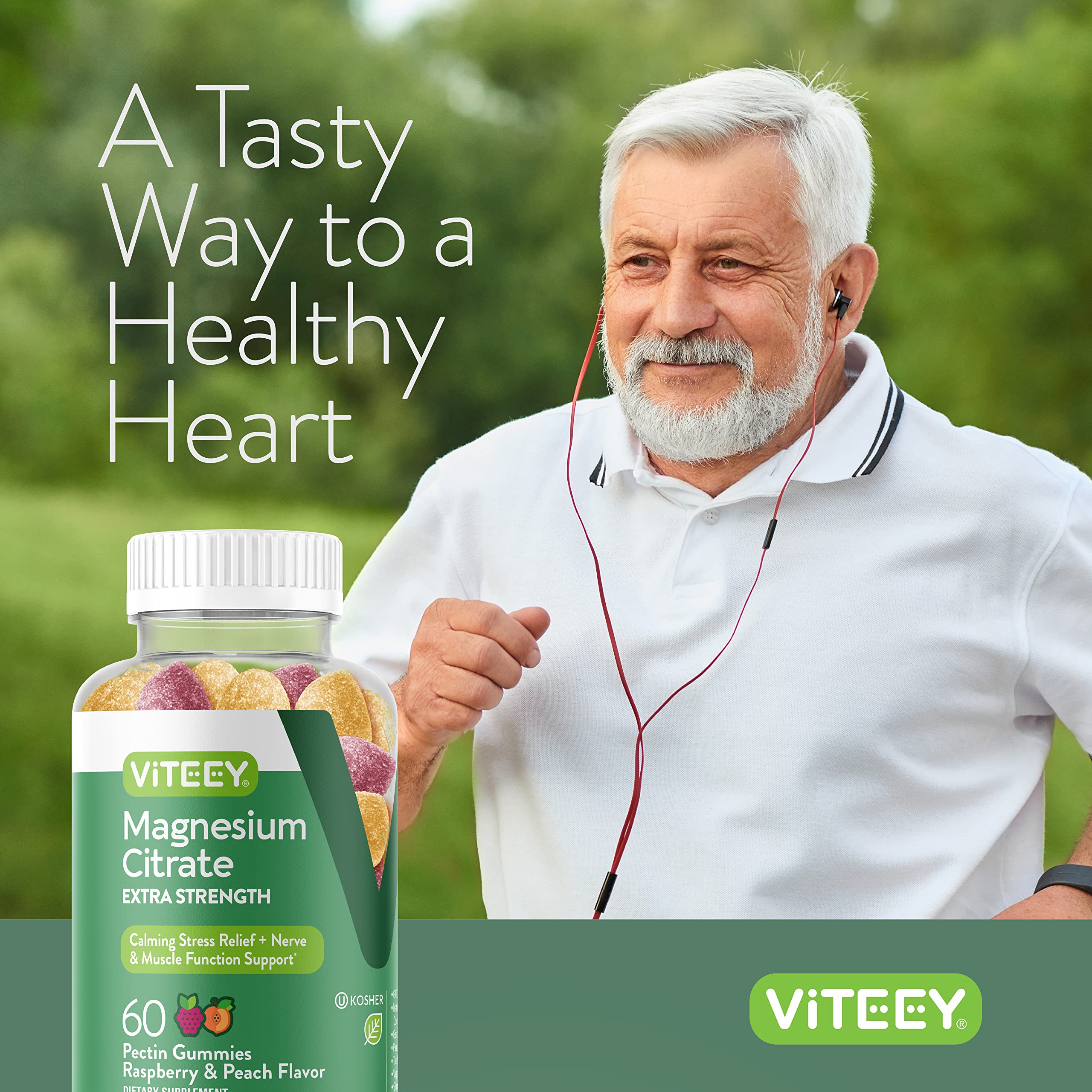 Viteey Magnesium Gummies displayed with fresh raspberries and peaches