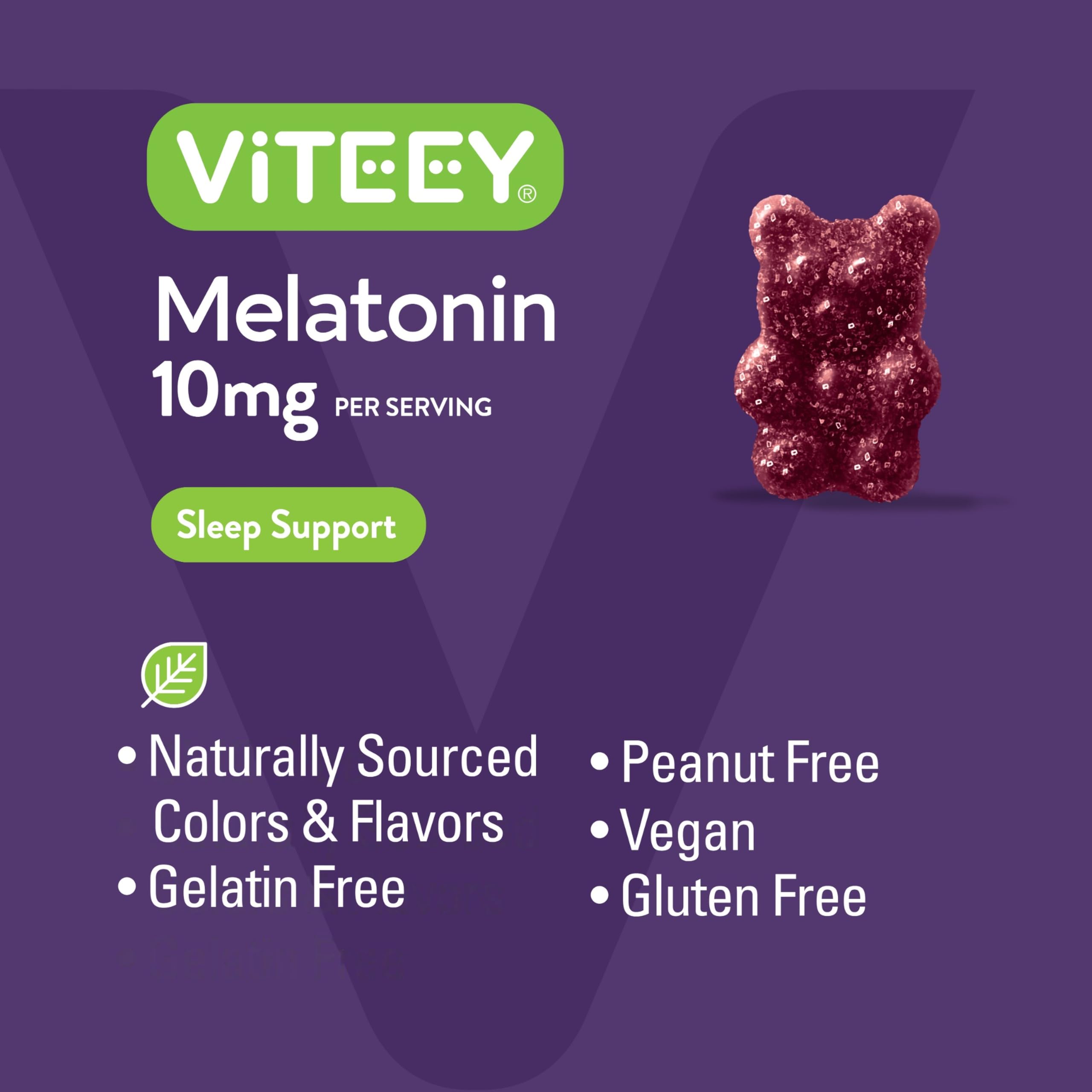 Viteey Melatonin Gummies 10mg back view of packaging with ingredients